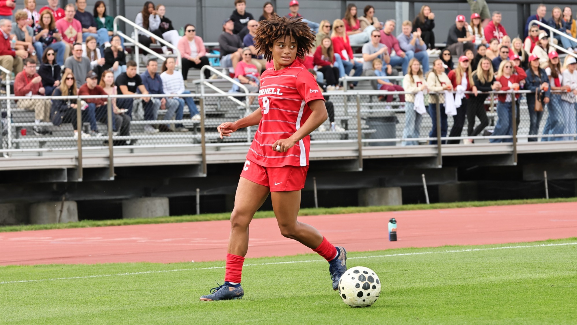 Cornell women's soccer senior forward Alanna Colbert looks to make a pass during match action against Yale at Berman Field in Ithaca, N.Y., on Sept. 26, 2026.