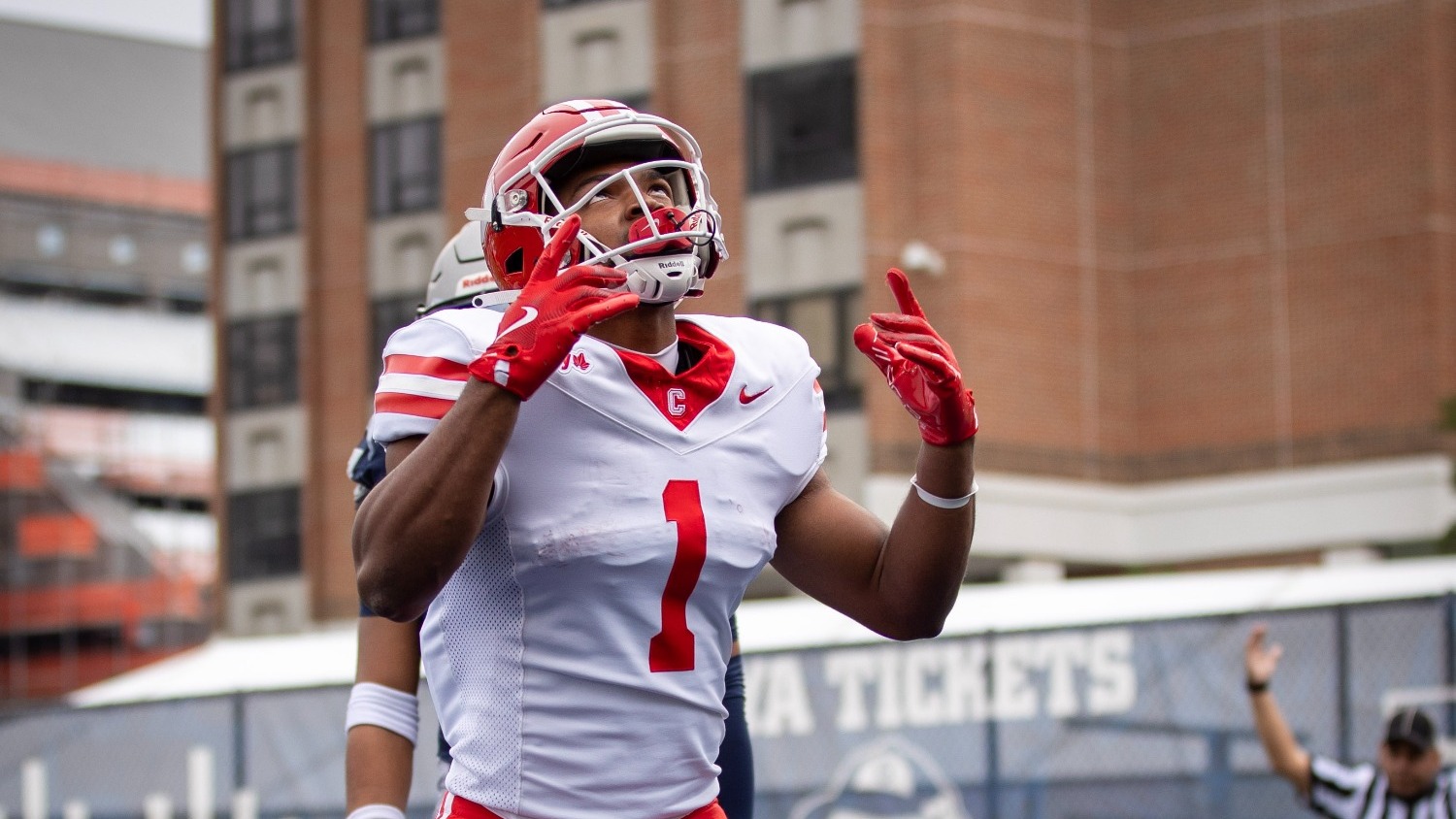 Ty Doughty celebrates his first touchdown of the season in Cornell's 35-14 win over Georgetown on Saturday, Oct. 3 in the nations capital. 