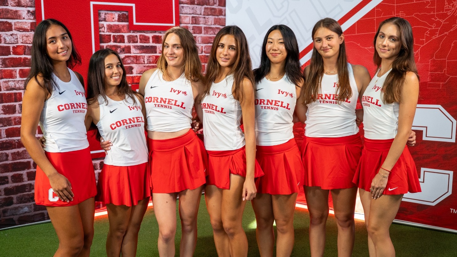Members of the Cornell women's tennis team pose for a media day photo for the 2026-27 season.
