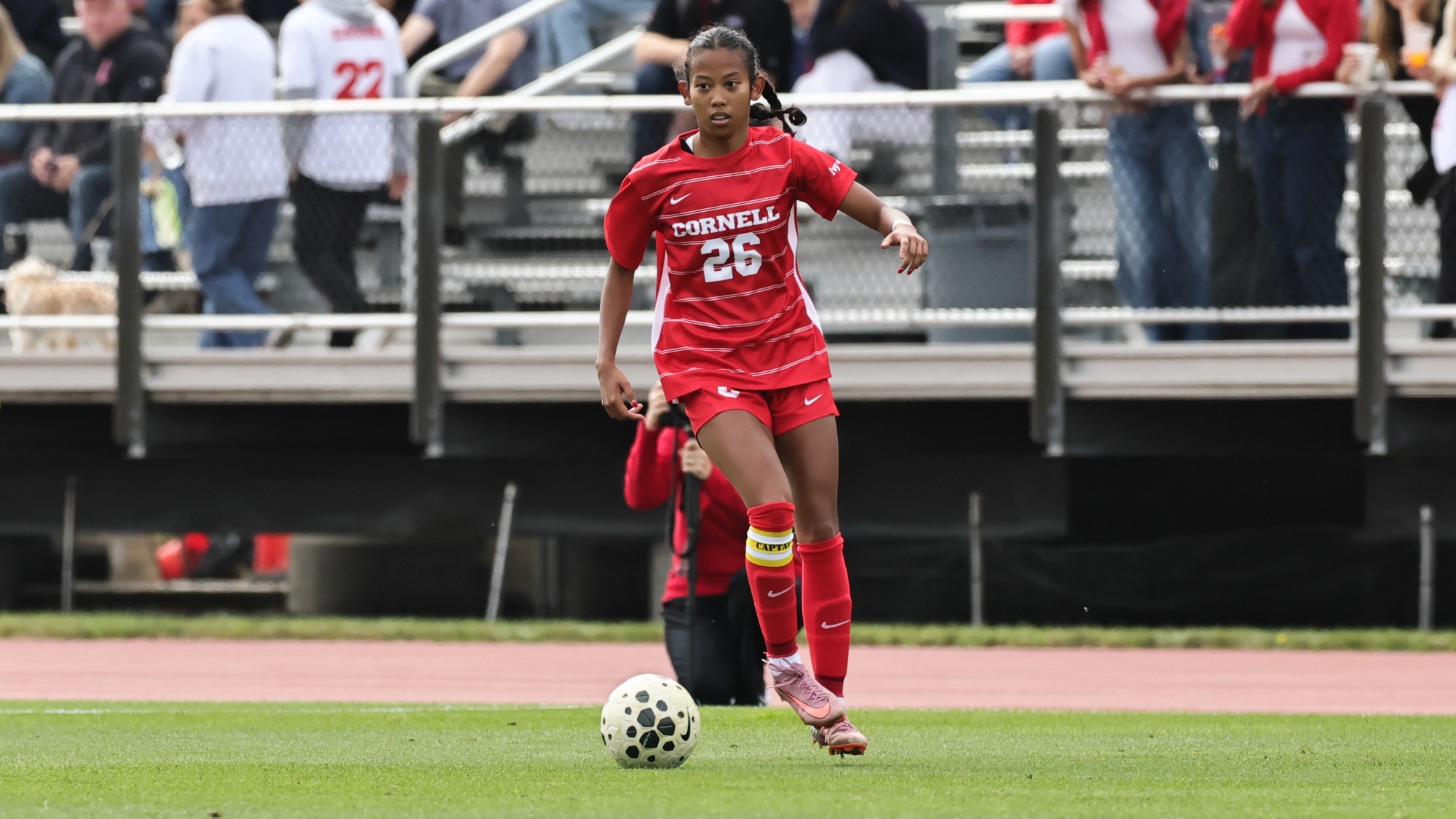 Cornell women's soccer senior defender Kayla Ristianto dribbles a ball during match action against Yale on Sept. 26, 2026, at Berman Field in Ithaca, N.Y.