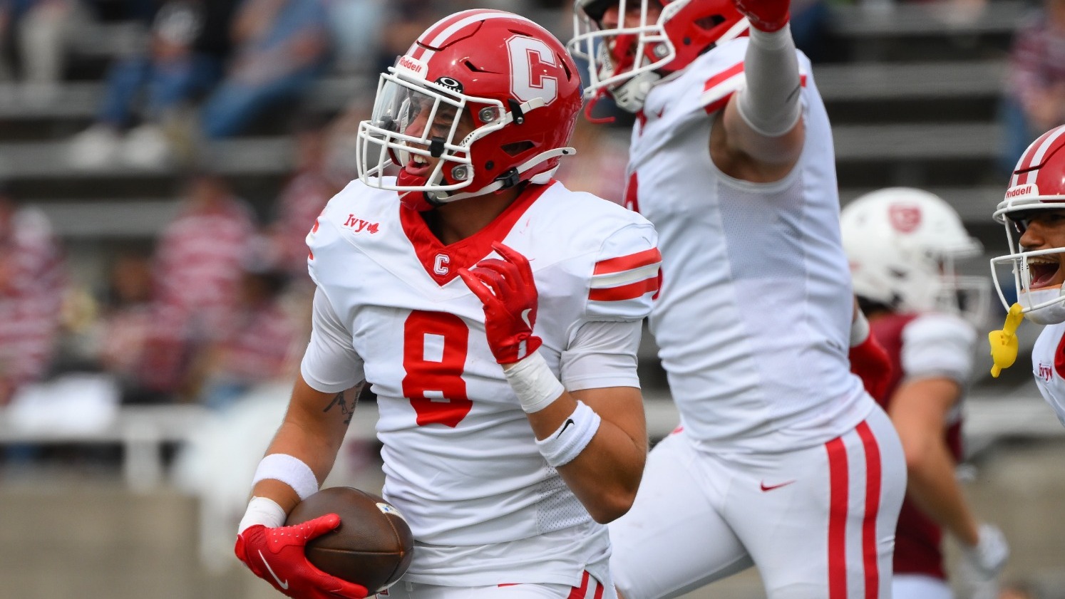 Tommy MacPherson celebrates an interception in Cornell's loss to Colgate on Sep. 19, 2026 in Hamilton, N.Y.