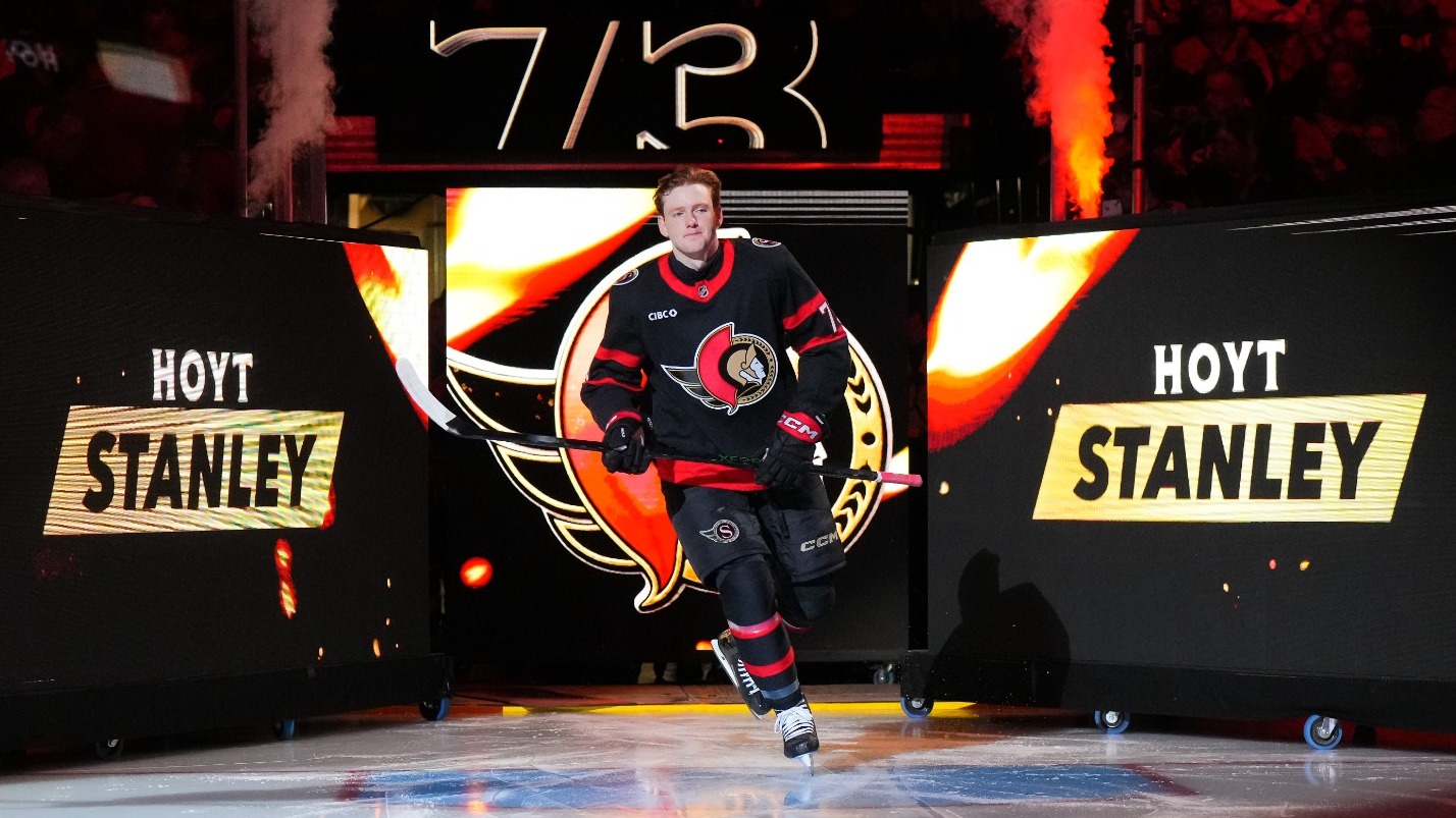 Former Cornell men's hockey defenseman Hoyt Stanley makes his NHL debut with the Ottawa Senators against the Philadelphia Flyers on Oct. 8, 2026, inside Canadian Tire Centre in Kanata, Ontario.