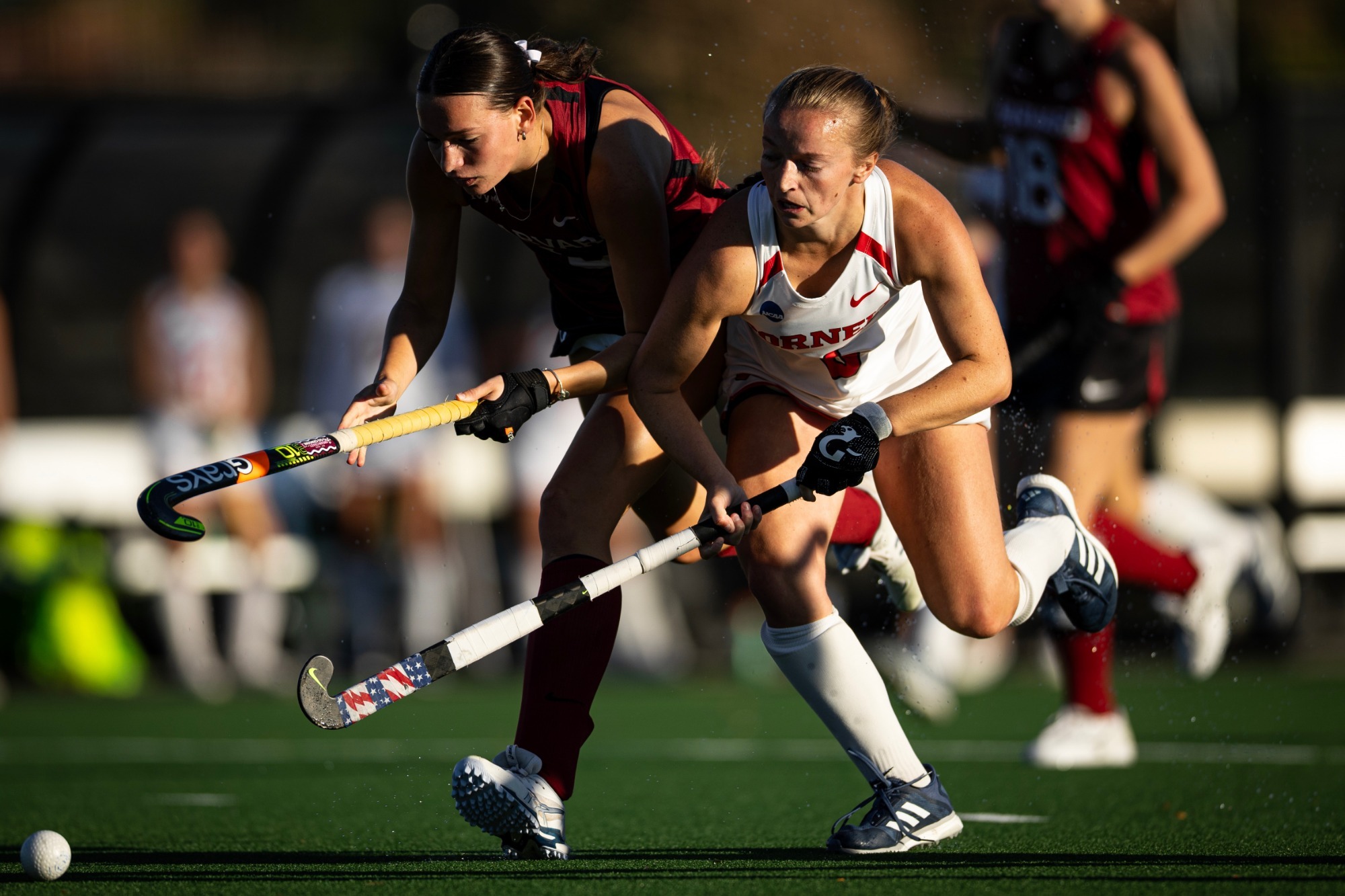 Rease Coleman defends against a Harvard player during a 4-1 loss to the Crimson on Oct. 9, 2026 in Cambridge, Mass.