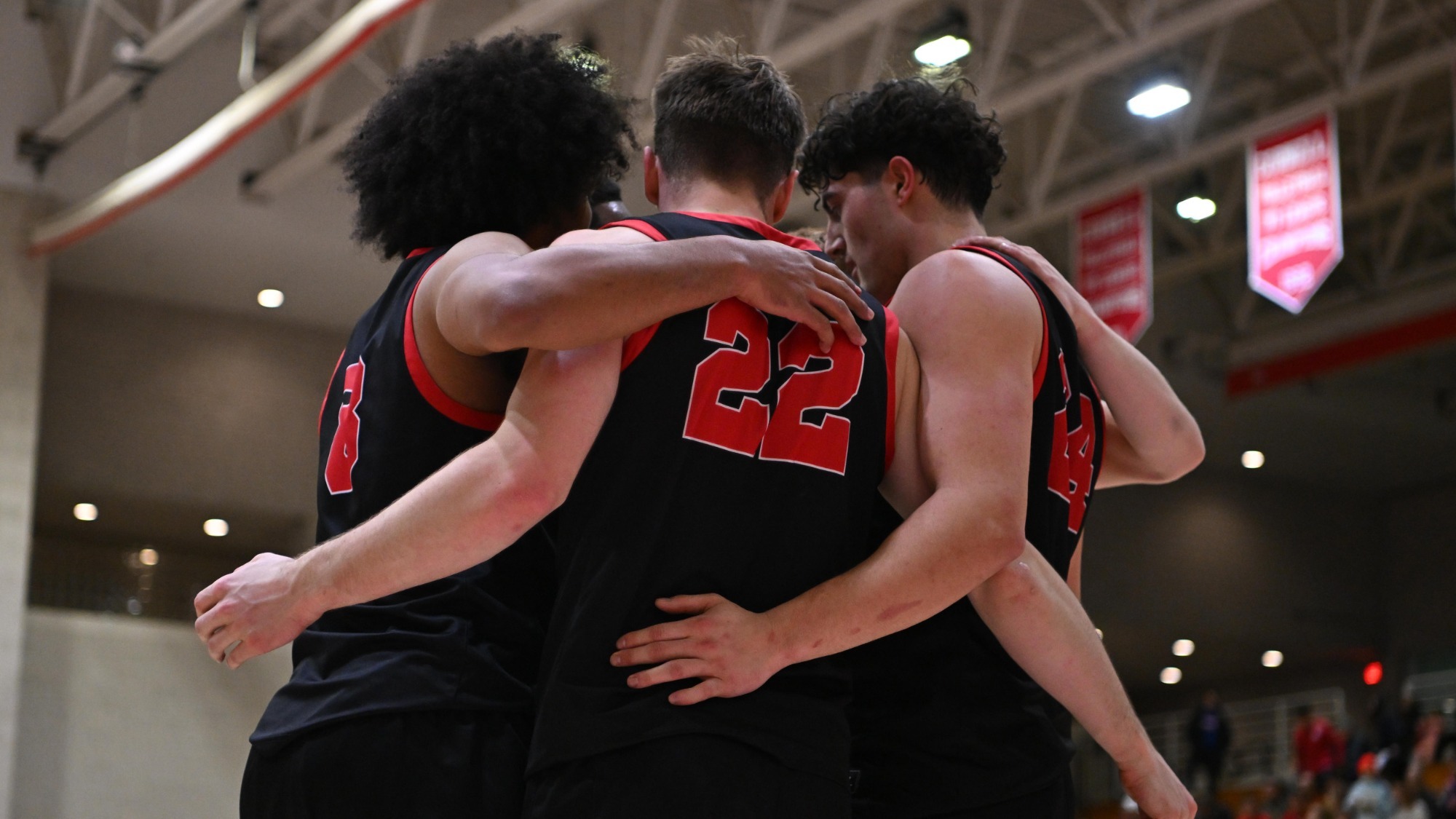 The Cornell men's basketball team huddles during its 91-81 loss at Penn on Jan. 31, 2026 at Newman Arena in Ithaca, N.Y.