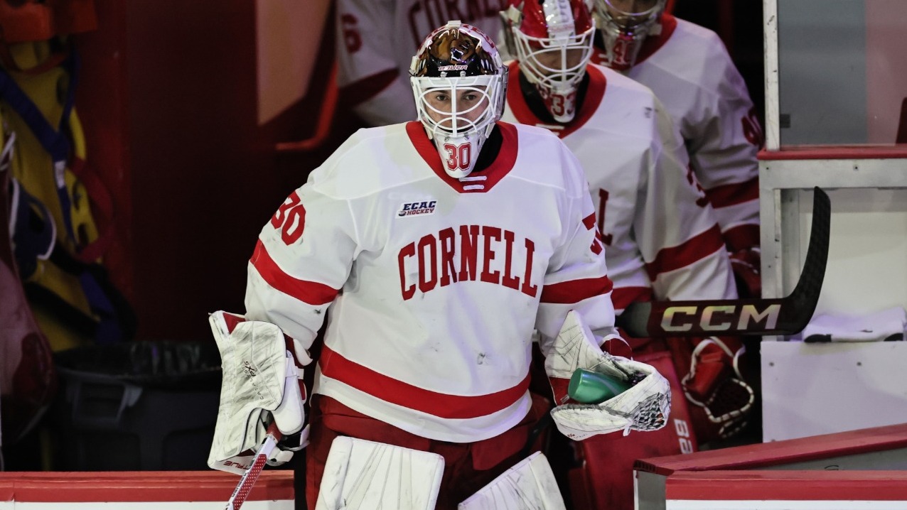 Cornell men's hockey freshman goaltender Alexis Cournoyer enters the ice for pre-game warmups before a game against Colgate on Feb. 7, 2026, at Lynah Rink in Ithaca, N.Y.