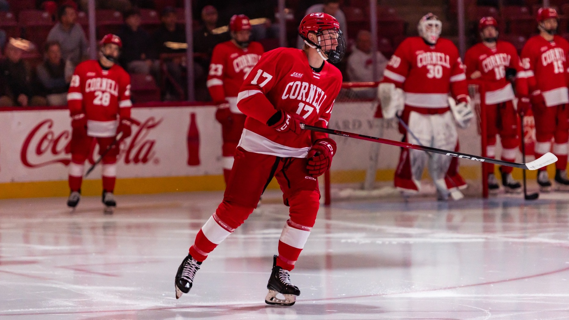 Cornell men's hockey freshman forward Aiden Long skates during pre-game introductions at Harvard on Nov. 7, 2025, at Bright-Landry Hockey Center in Cambridge, Mass.