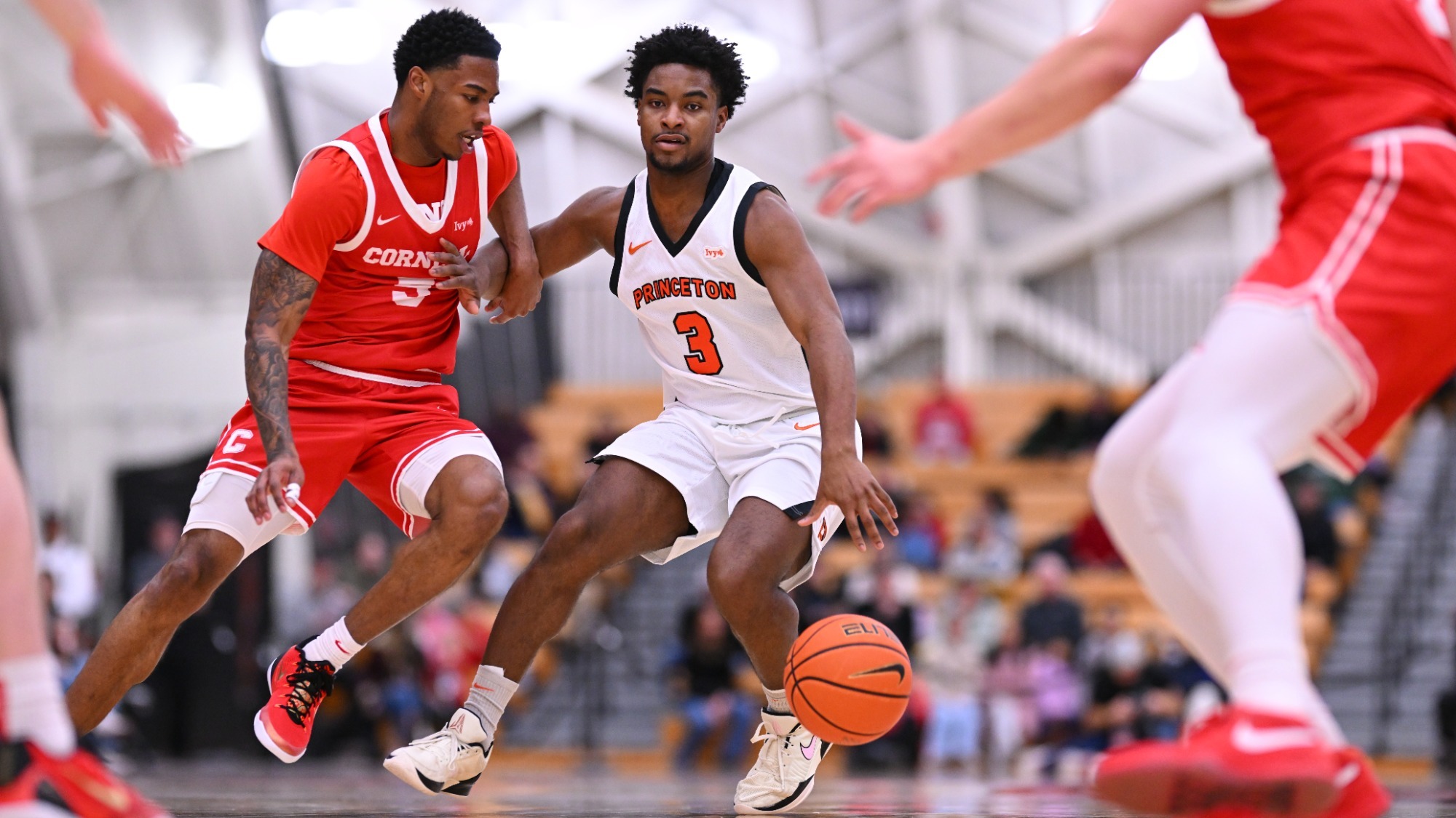 Junior Jacob Beccles defends a Princeton ballhandler during the Big Red's 89-65 victory against the Tigers on Feb. 13, 2026 at Jadwin Gymnasium in Princeton, N.J.