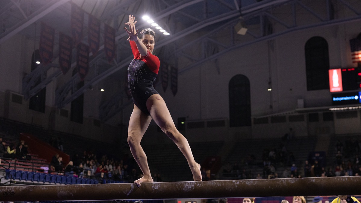 Junior Natalia Tehrani competes on the balance beam at the Penn Quad Meet for Cornell Gymnastics