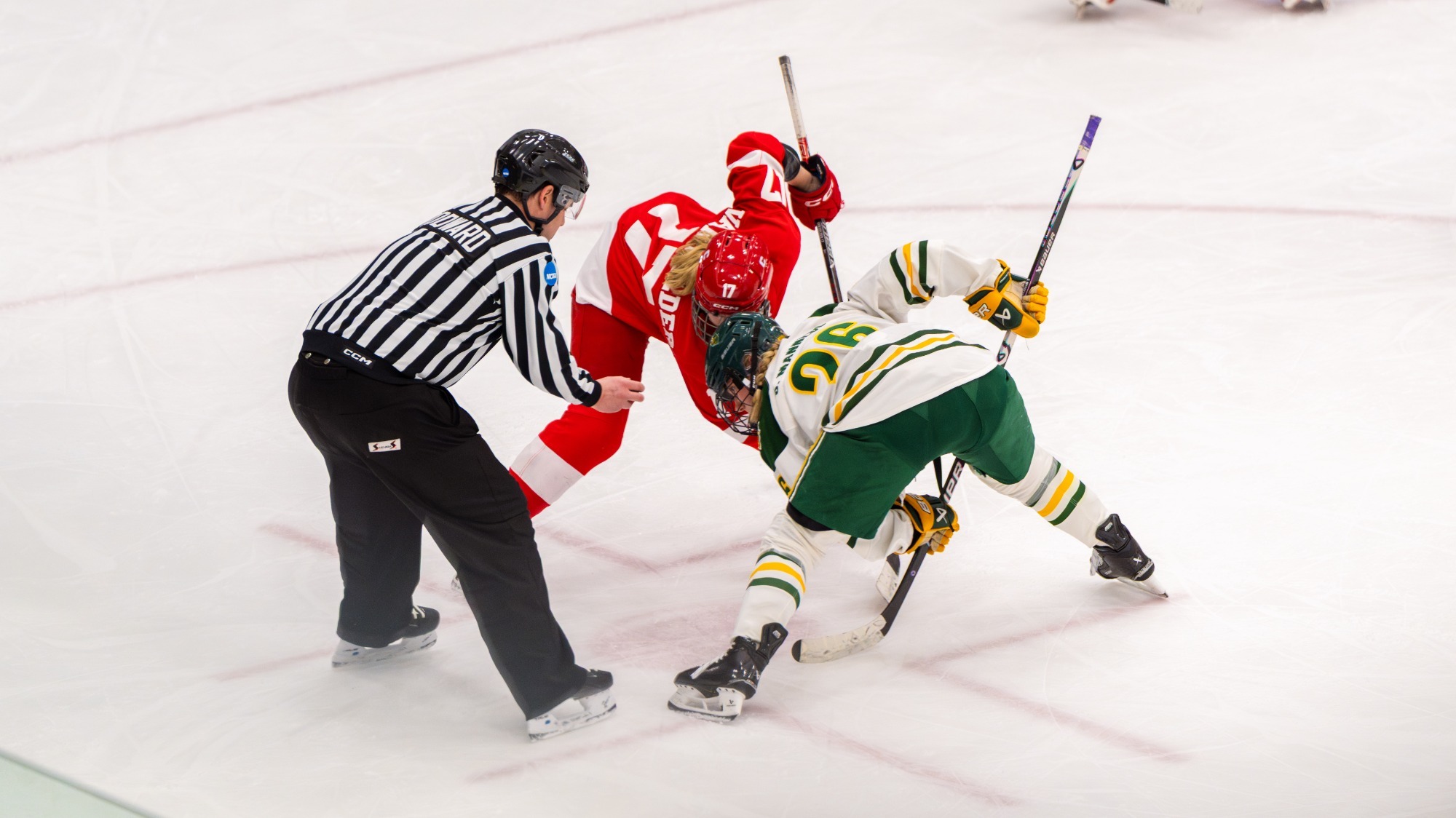 Cornell and Clarkson battles on a faceoff at Cheel Arena.