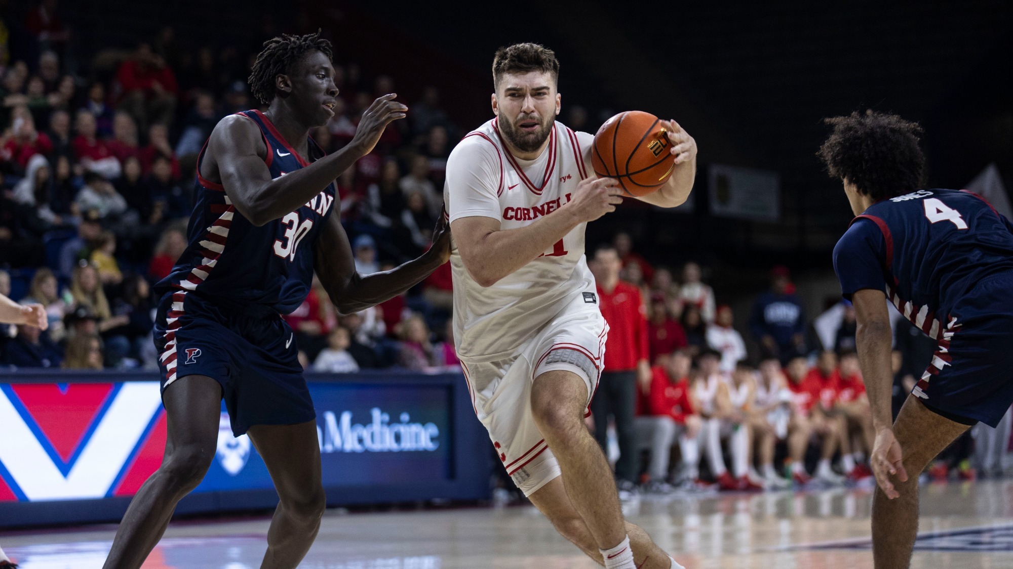 Kaspar Sepp drives to the basket during the Cornell men's basketball team's game at Penn on Feb. 14, 2026 at the Palestra in Philadelphia, Pa.