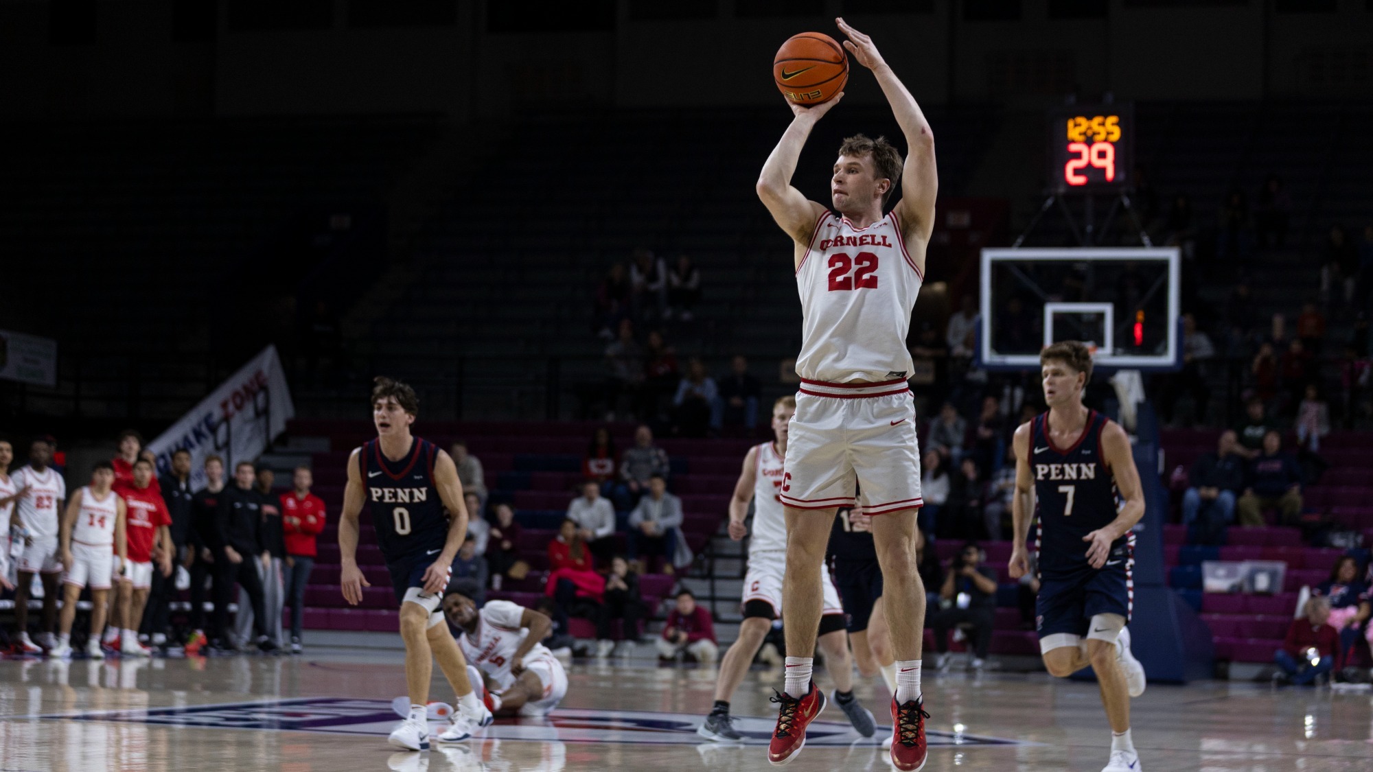 Jake Fiegen pulls up for a jump shot during the Big Red's 82-76 loss to Penn on Feb. 14, 2026 at The Palestra in Philadelphia, Pa.