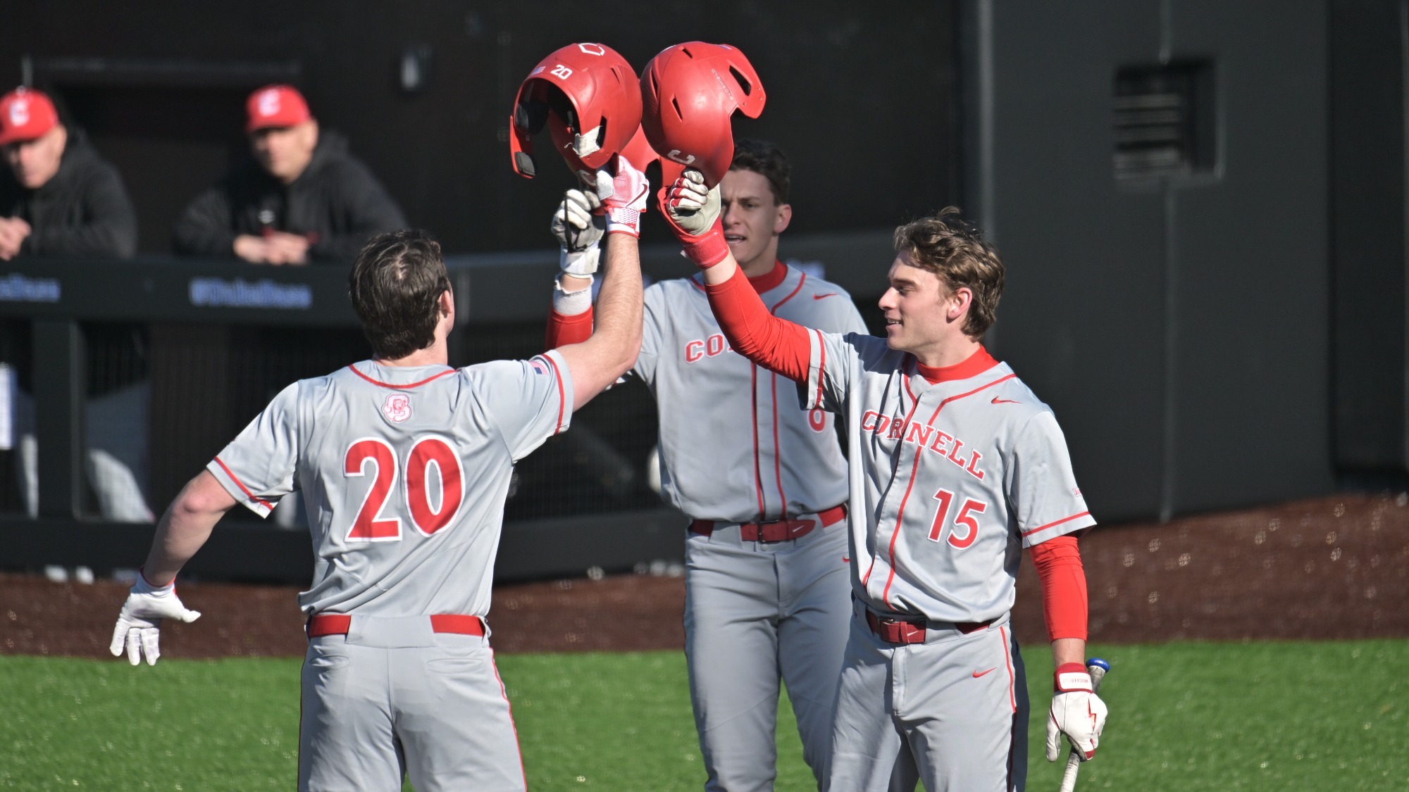 Members of the Cornell baseball team celebrate after Kevin Hager hit a home run against Duke at Jack Coombs Field in Durham, N.C., on Feb. 21, 2025.