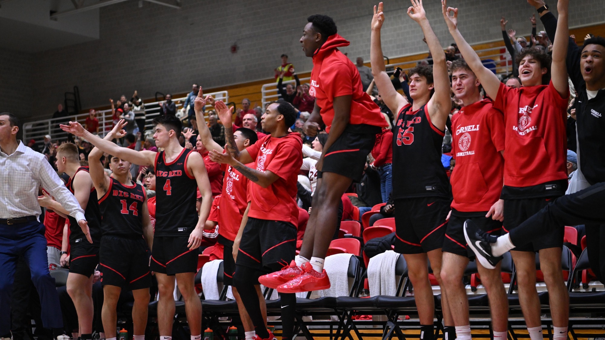 The Cornell men's basketball team celebrates a shot during its 91-81 loss to Penn on Jan. 31, 2026 at Newman Arena in Ithaca, N.Y.