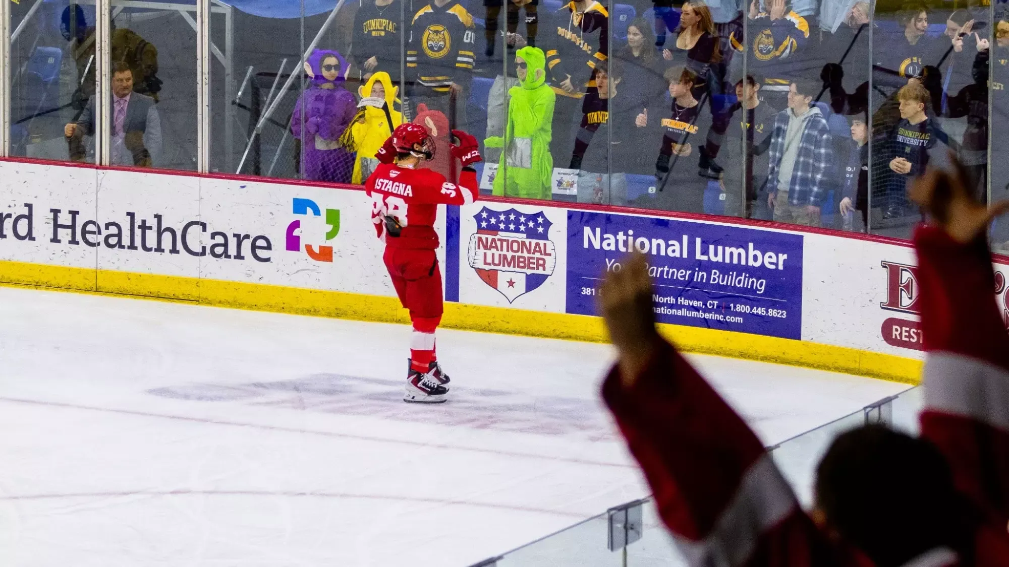 Cornell men's hockey junior forward Jonathan Castagna celebrates after scoring a goal against Quinnipiac at M&T Bank Arena in Hamden, Conn., on Feb. 20, 2026.