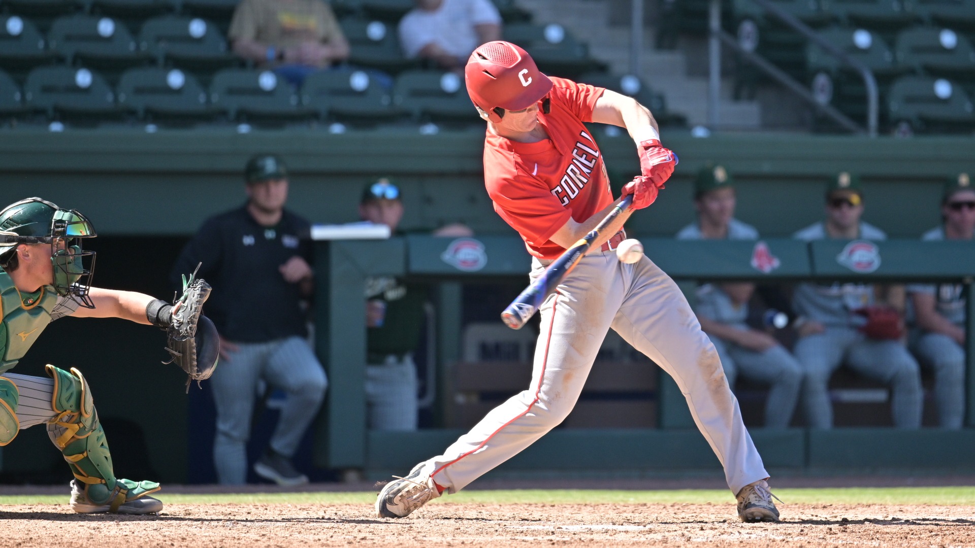 Cornell baseball's Kevin Hager goes to hit a baseball during game action against UAB during the 2025 season.
