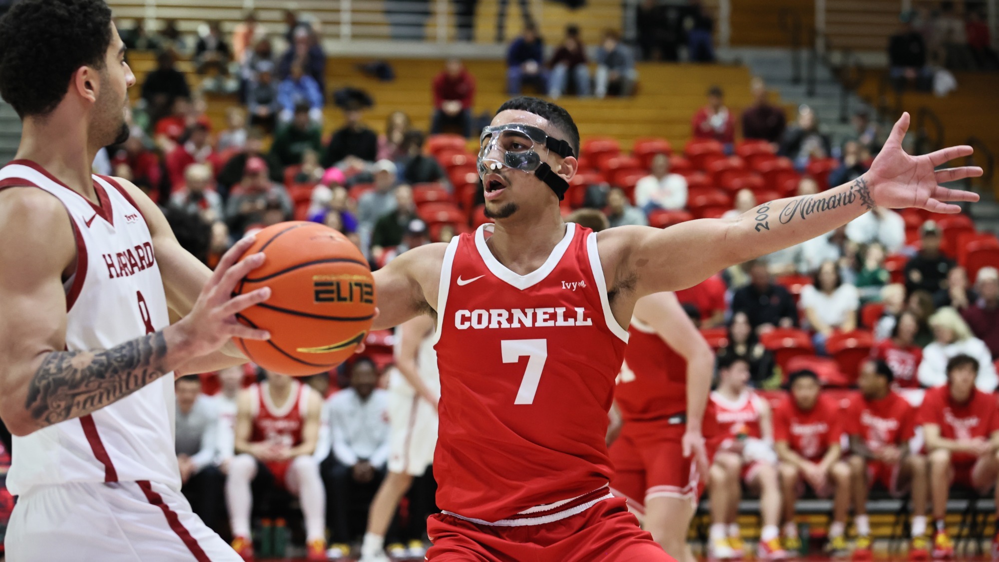 Anthony Nimani guards a Harvard player during the Cornell men's basketball team's 73-54 loss to Harvard on Feb. 21, 2026 at Newman Arena in Ithaca, N.Y.