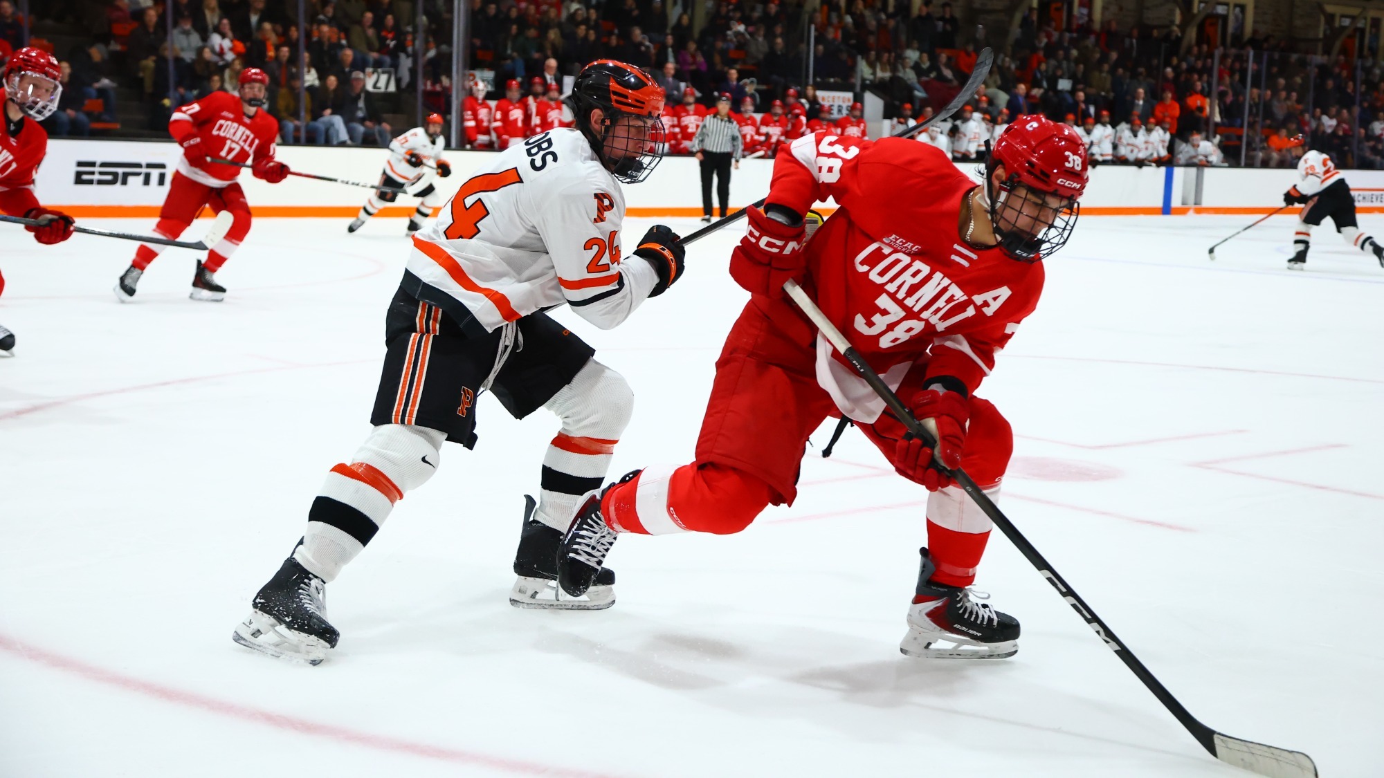 Cornell men's hockey junior forward Jonathan Castagna battles with a Princeton player for the puck during game action at Hobey Baker Memorial Rink in Princeton, N.J., on Feb. 21, 2026.