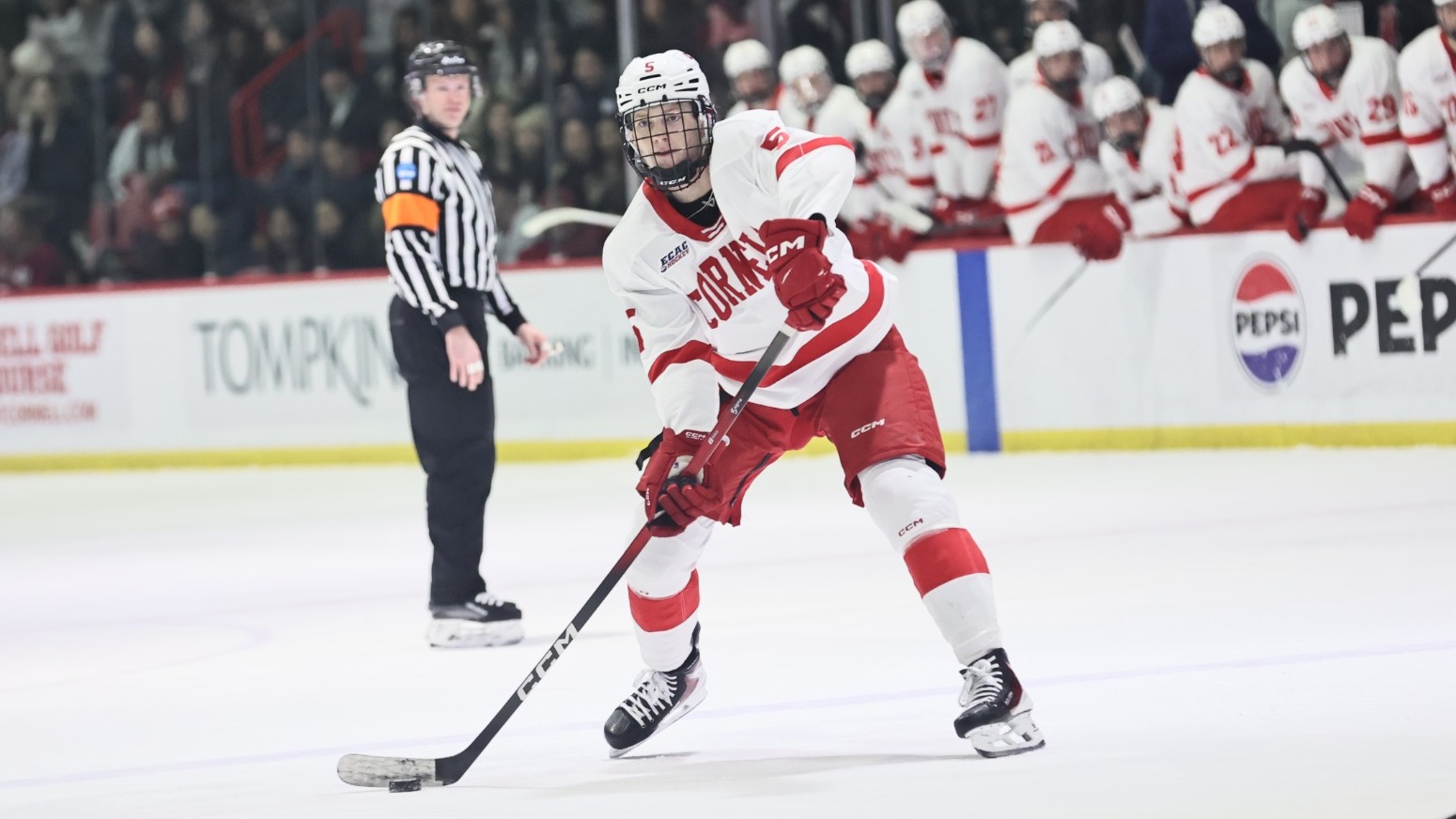 Cornell men's hockey junior defenseman Hoyt Stanley goes to pass the puck during game action against Colgate on Feb. 7, 2026, at Lynah Rink in Ithaca, N.Y.