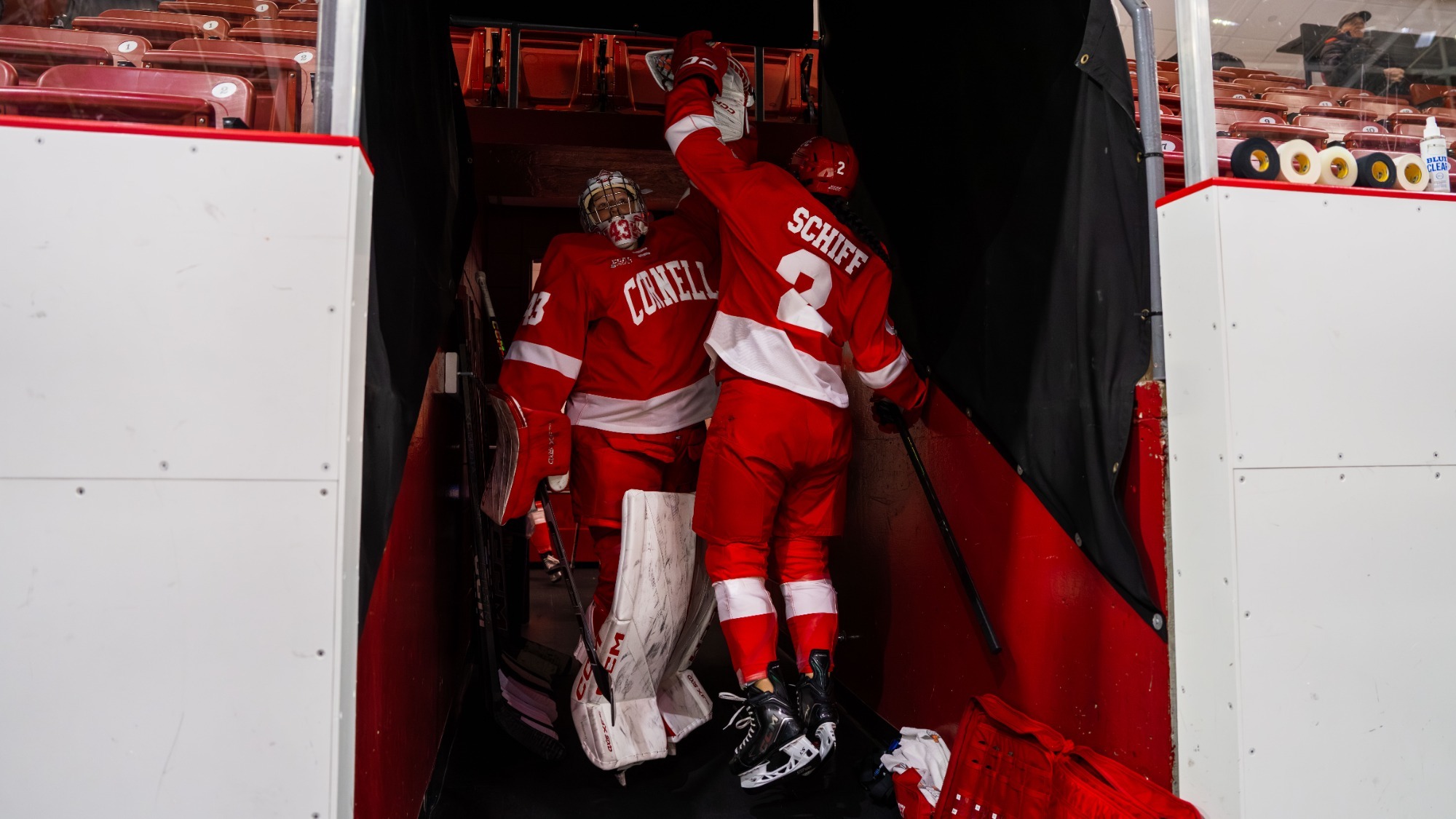 Bergmann, Schiff celebrate before taking the ice.
