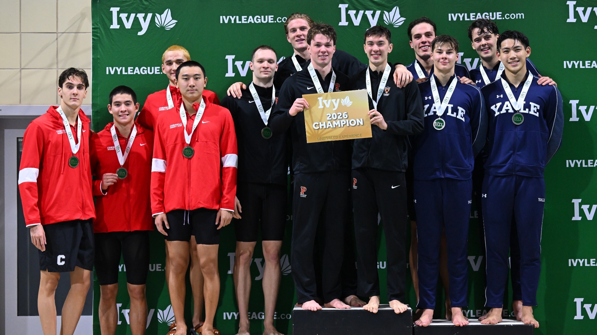 Cornell 800 Free Relay group on the podium at the 2026 Ivy League Championships