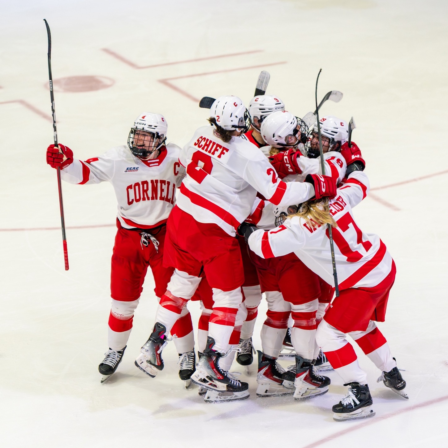 Cornell women's ice hockey celebrates the game-winning goal against Colgate.