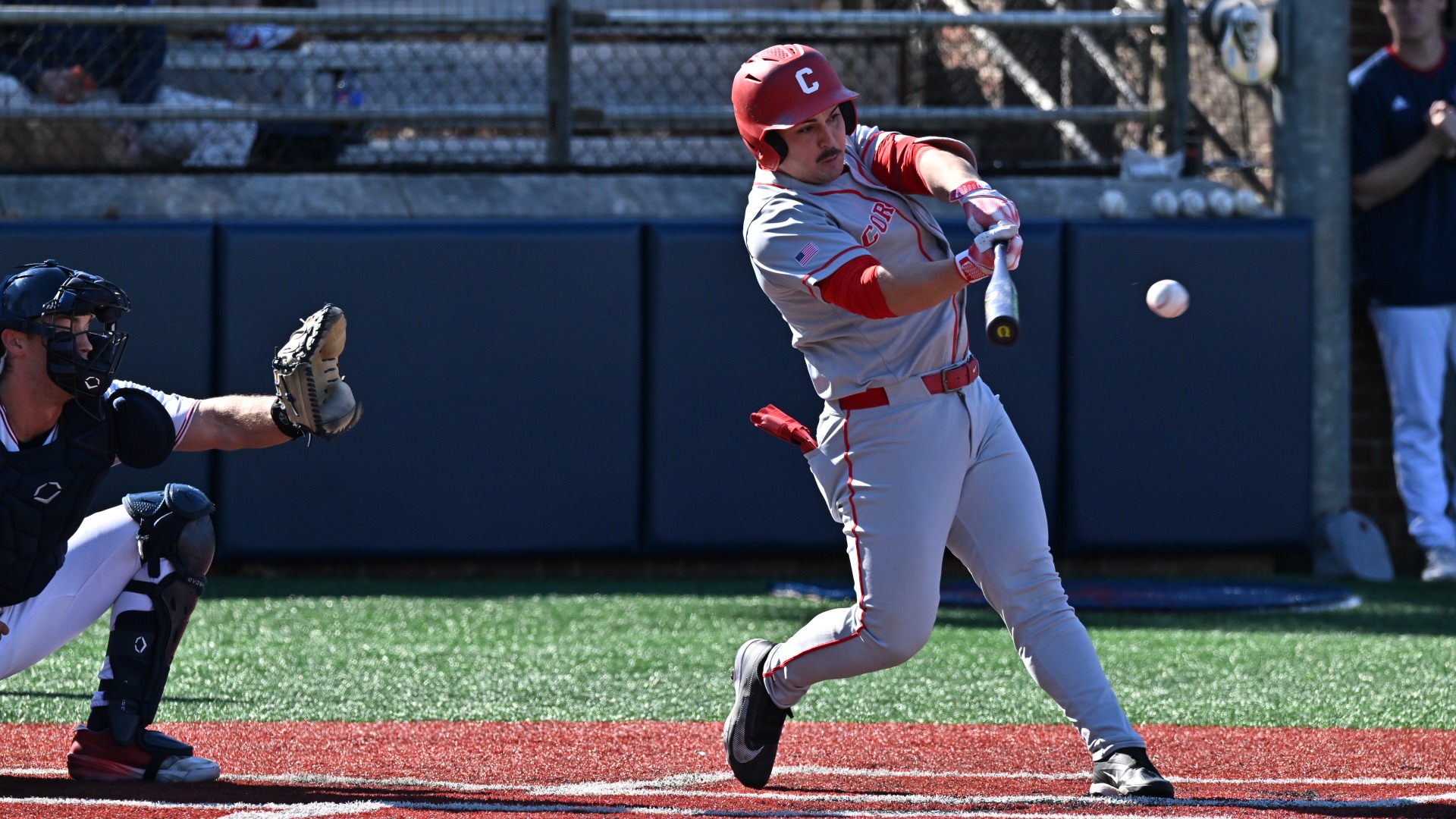 Cornell sophomore catcher Mason Barela goes to hit a baseball during game action against Richmond on Feb. 28, 2026, at Pitt Field in Richmond, Va.