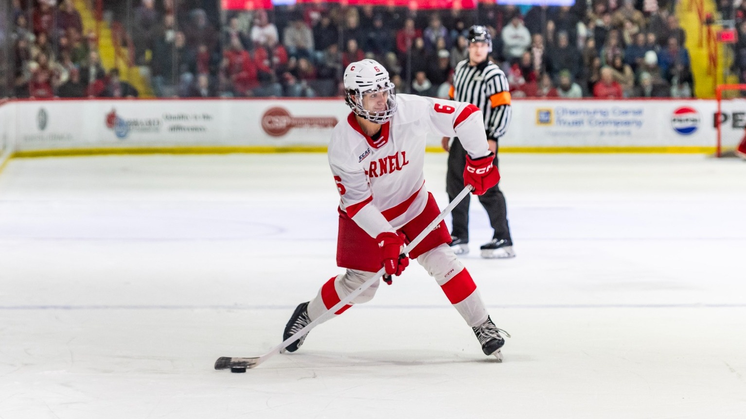 Cornell men's hockey junior defenseman George Fegaras goes to take a shot during game action against Harvard at Lynah Rink in Ithaca, N.Y., on Jan. 24, 2026.