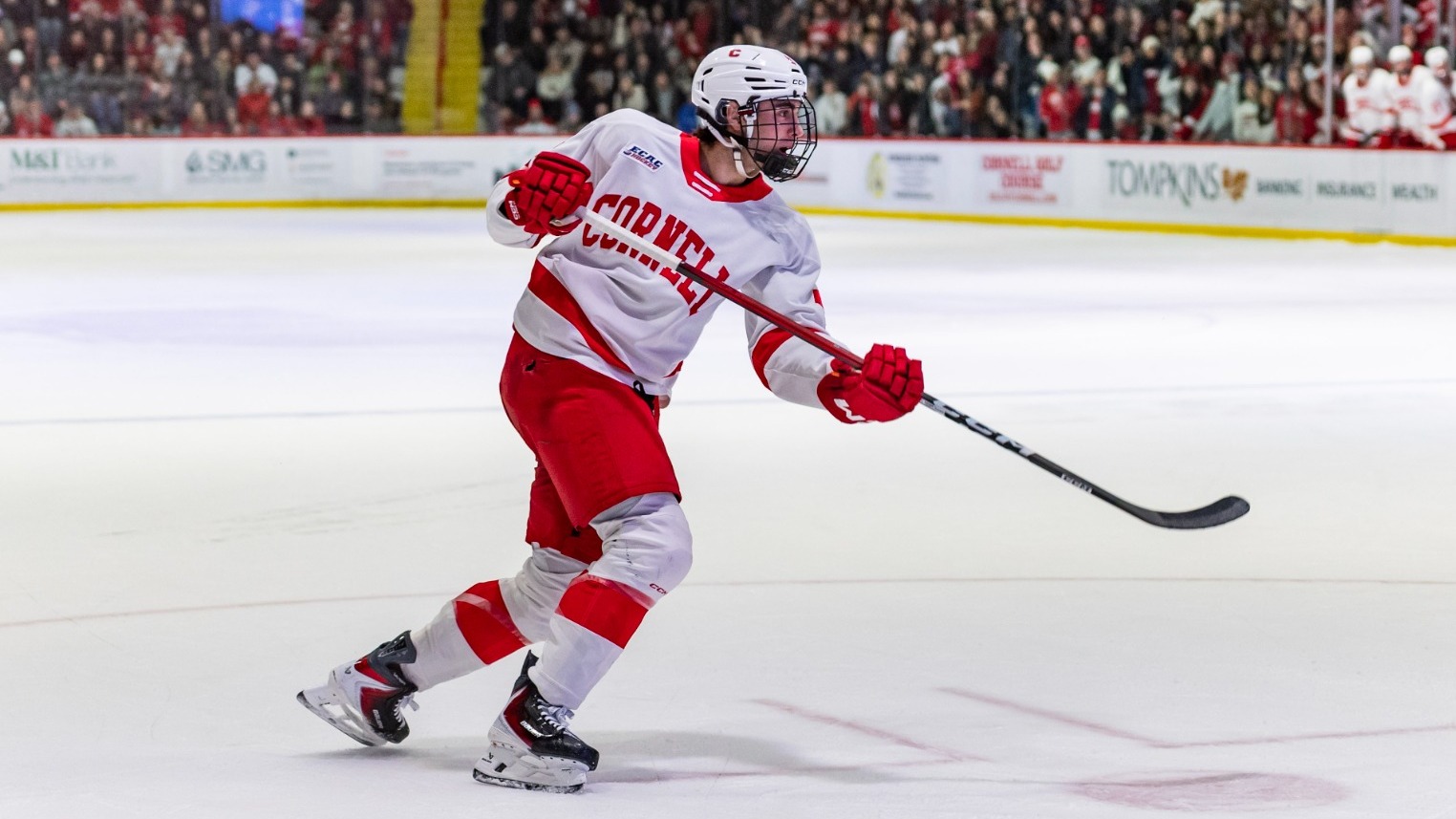 Cornell men's hockey freshman defenseman Xavier Veilleux attempts a shot during game action against Harvard at Lynah Rink in Ithaca, N.Y., on Jan. 24, 2026.