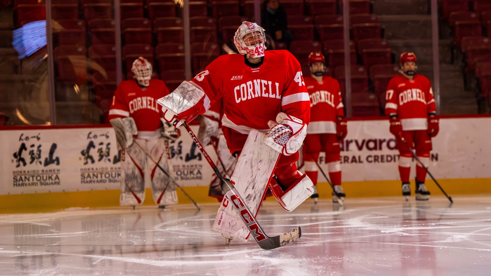 Bergmann skates to the blue line at Bright-Landry Rink for player introductions.