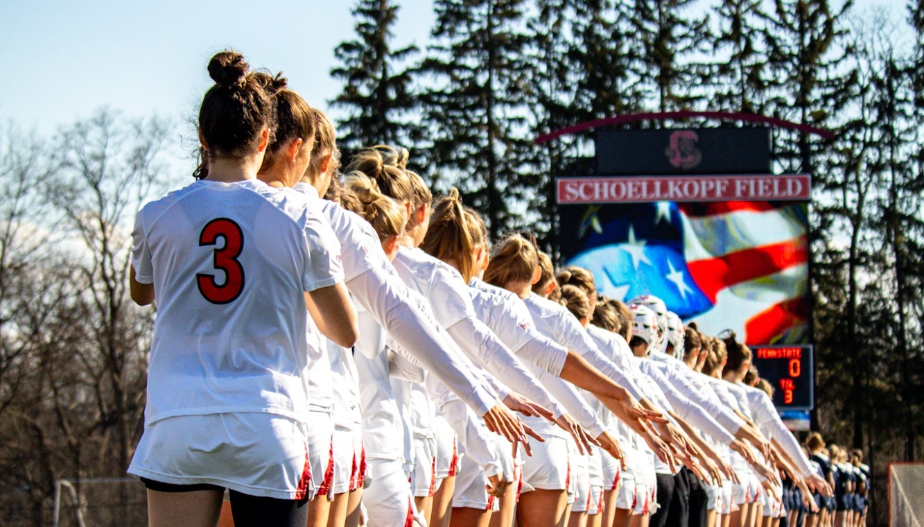Cornell Women's Lacrosse lining up before game vs. PSU on Schoellkopf 02.28.26