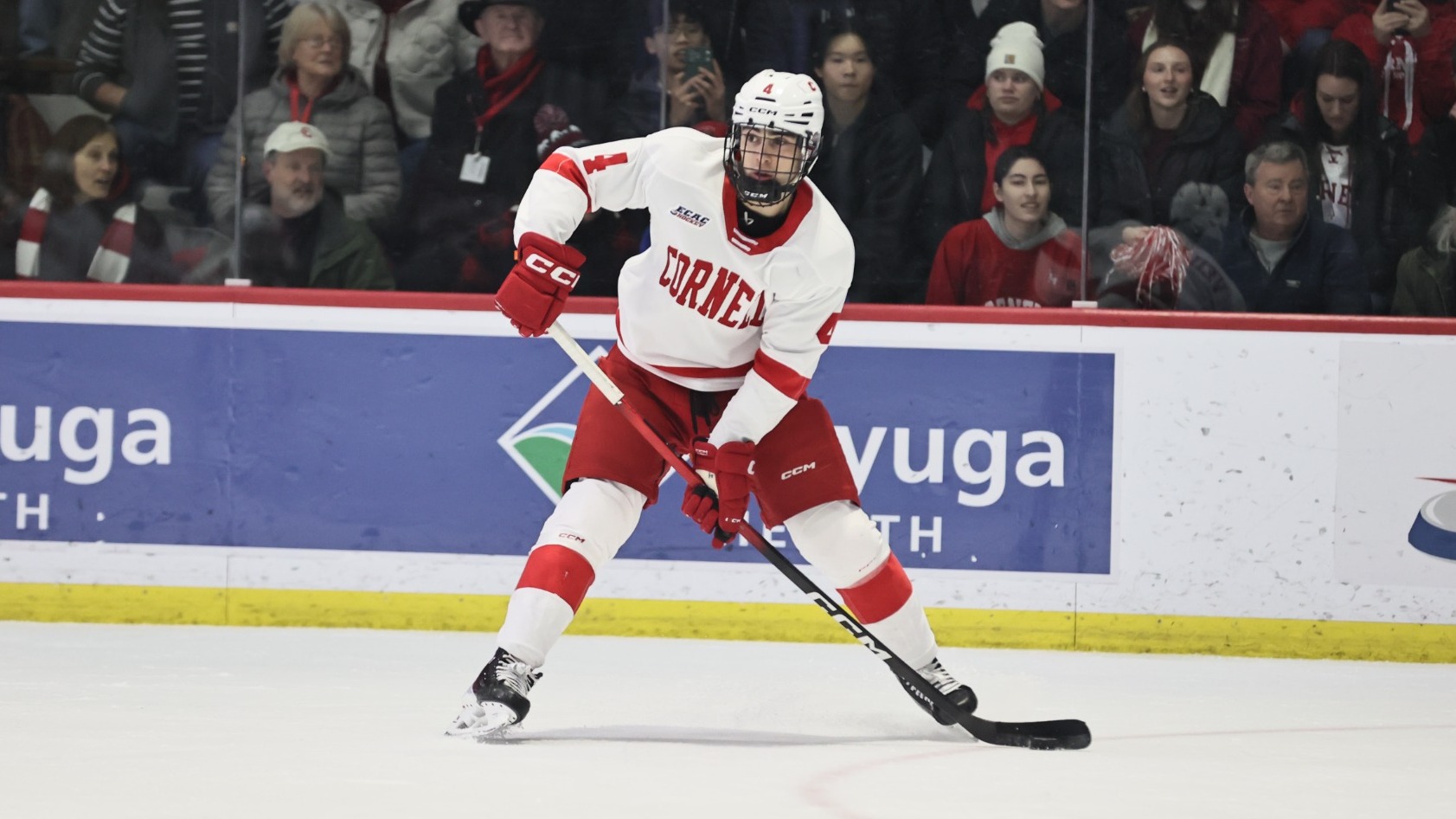 Cornell men's hockey freshman defenseman Xavier Veilleux looks to make a pass during game action against Colgate at Lynah Rink in Ithaca, N.Y., on Feb. 7, 2026.