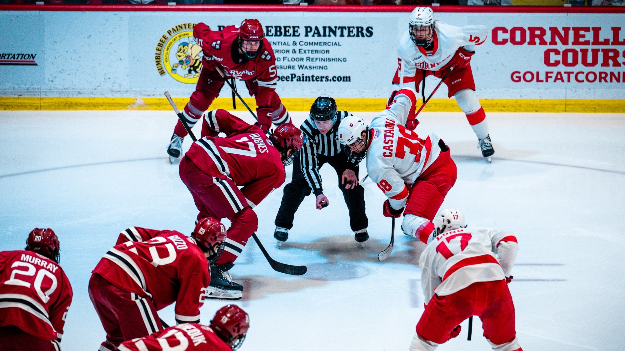 Members of the Cornell and Harvard men's hockey teams ready for a faceoff at Lynah Rink during game action on Jan. 24, 2026.