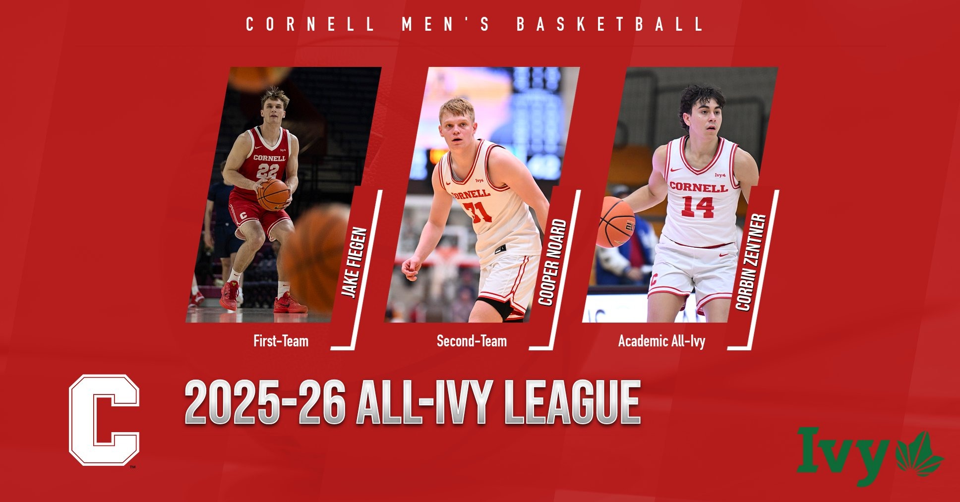 2025-26 All-Ivy League Men's Basketball teams named with seniors Jake Fiegen (first team), Cooper Noard (second team) and Corbin Zentner (Academic Al-Ivy) featured