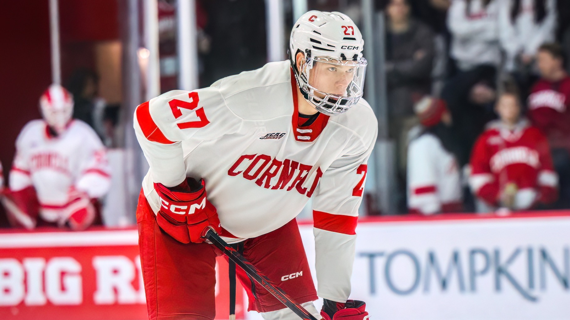 Cornell sophomore defenseman Luke Ashton waits for action to resume before a faceoff against Harvard at Lynah Rink on March 13, 2026.