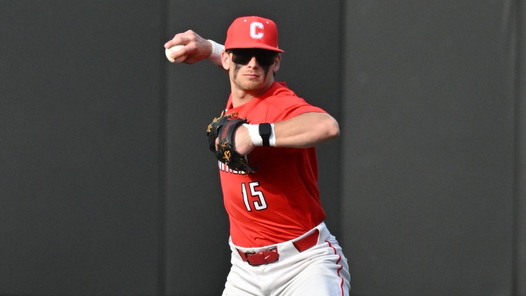 Cornell junior second baseman Owen Carlson goes to throw a baseball during game action at VMI on March 14, 2026.
