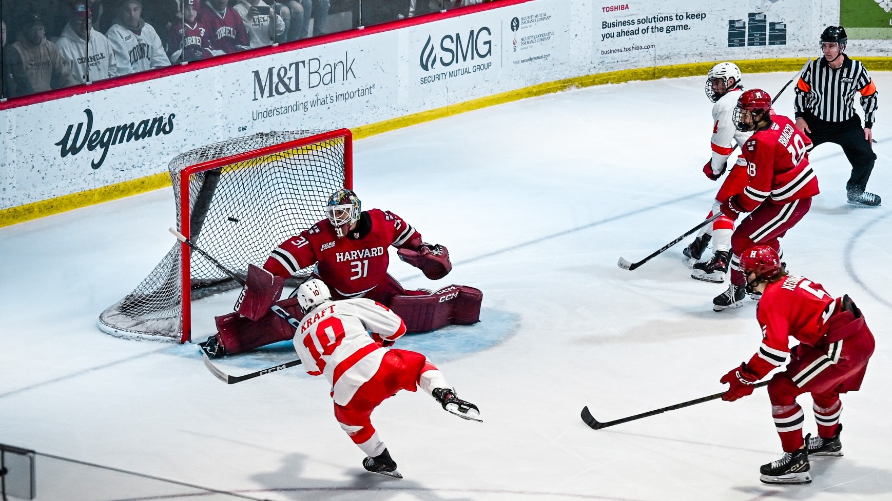 Cornell men's hockey junior forward Jake Kraft finishes off his second goal of the game against Harvard at Lynah Rink in Ithaca, N.Y., on March 14, 2026.