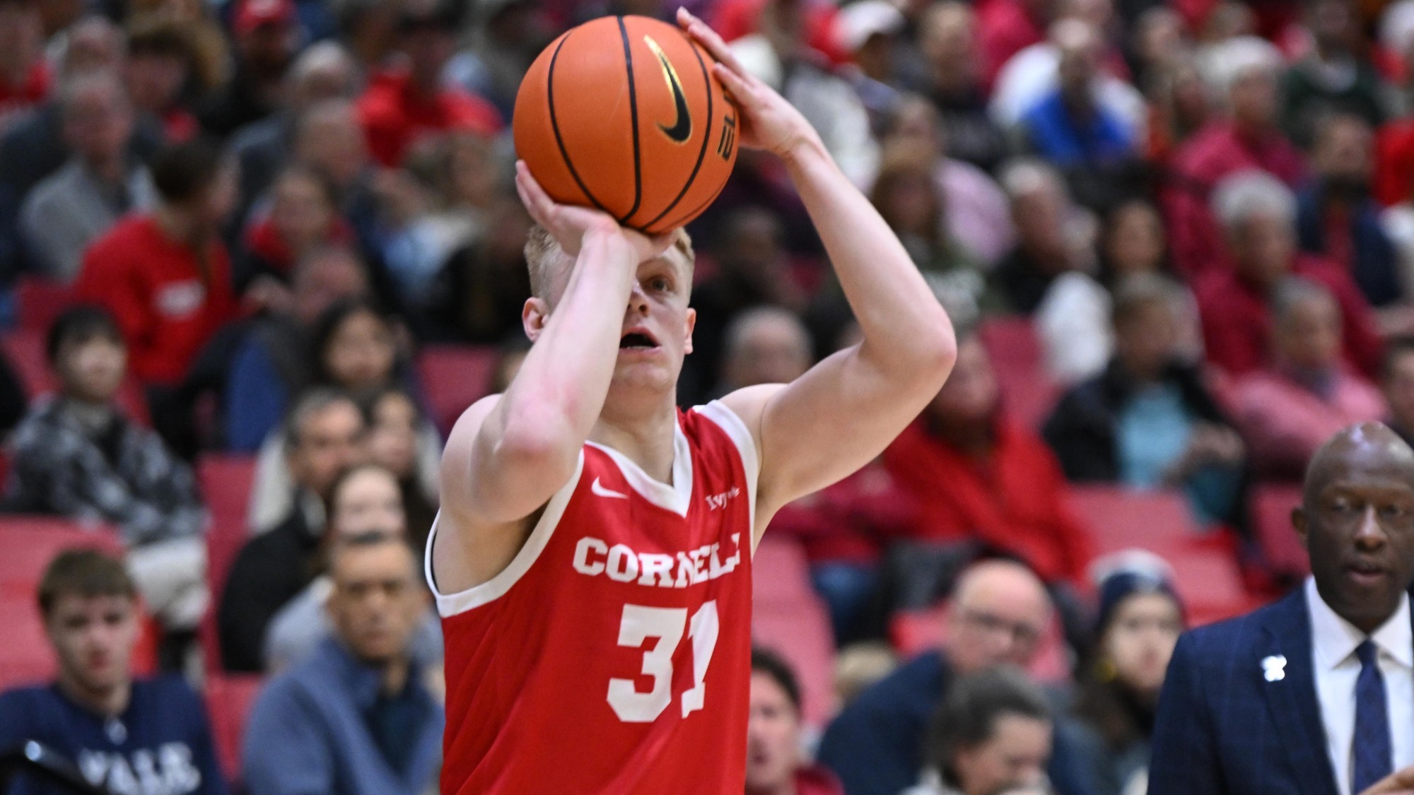 Cooper Noard shoots a 3-pointer during the Cornell men's basketball team's 88-76 loss to Yale in the Ivy Madness semifinals on March 14, 2026 at Newman Arena in Ithaca, N.Y.