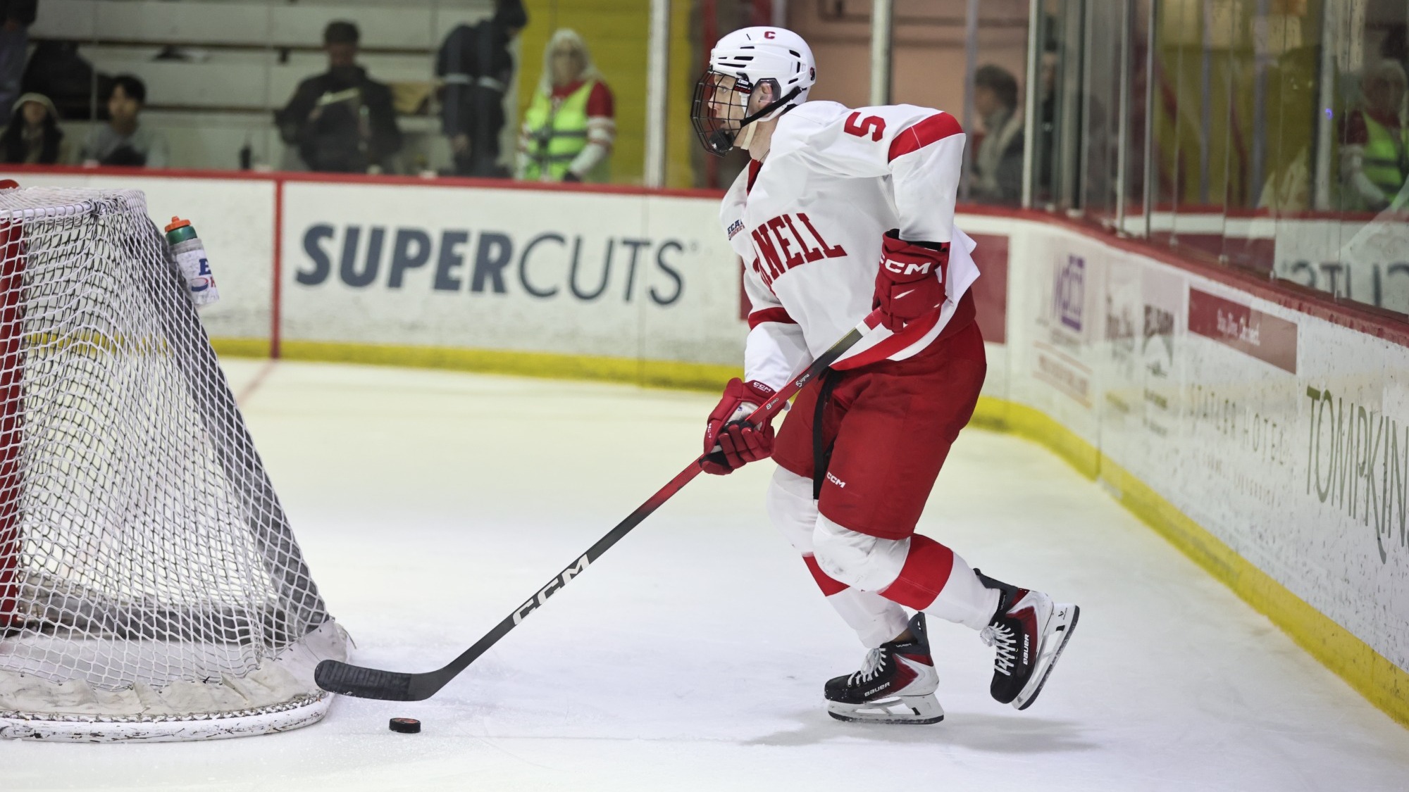 Cornell men's hockey junior defenseman Hoyt Stanley looks to skate up ice during game action against Clarkson at Lynah Rink in Ithaca, N.Y., on Feb. 28, 2026.