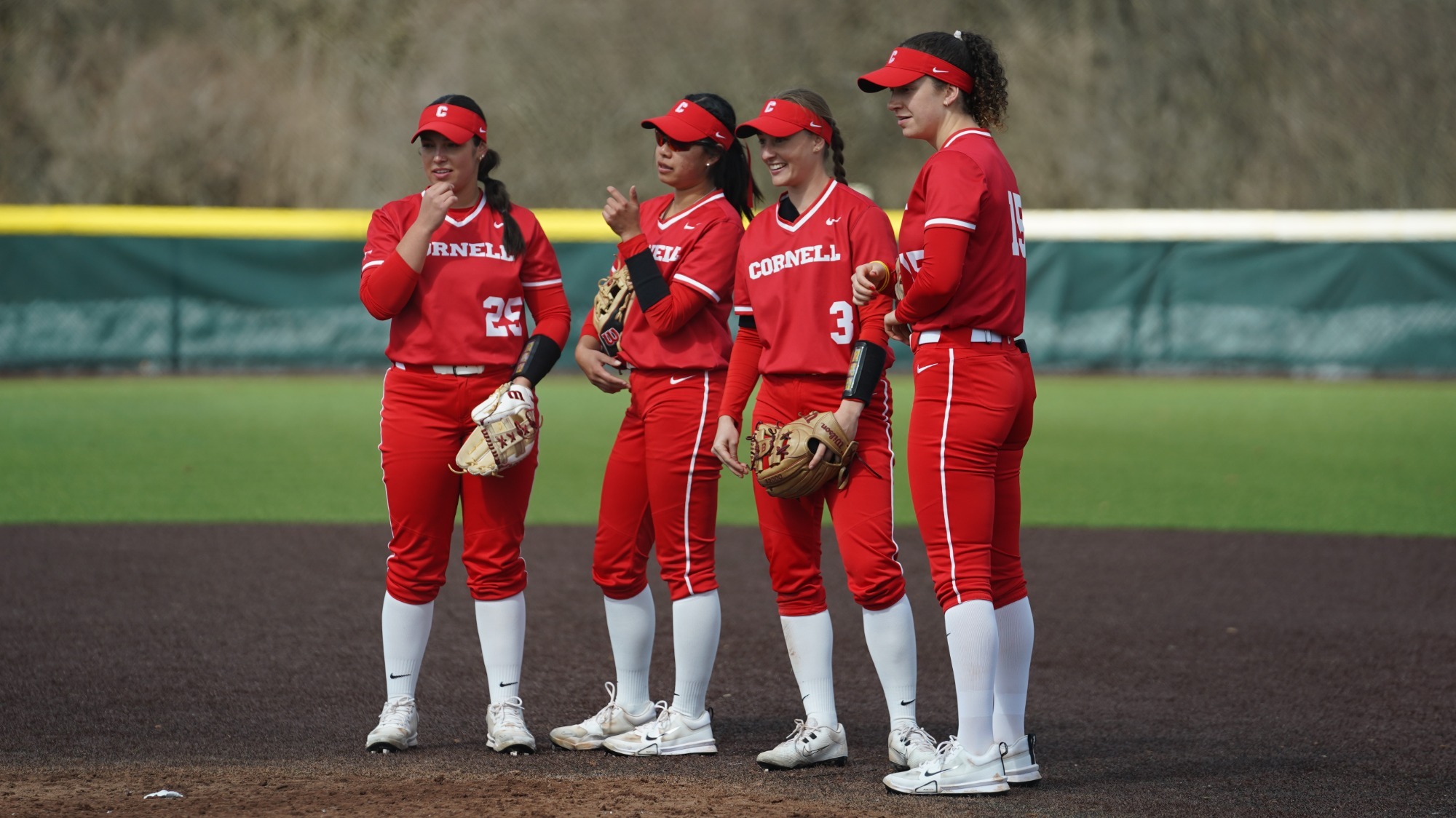 Softball players stand together at Niemand-Robison Field.