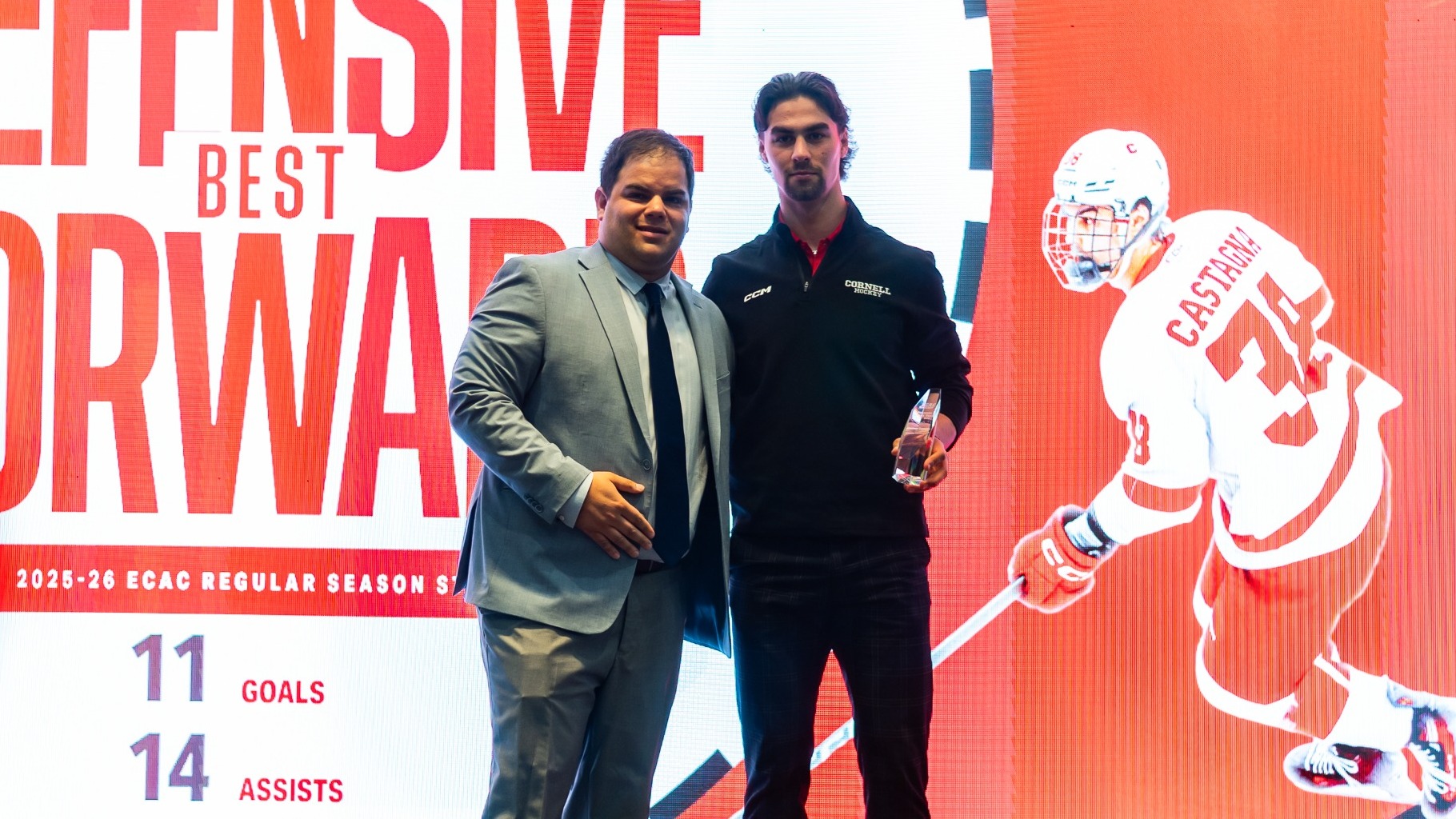 Cornell men's hockey junior forward Jonathan Castagna poses for his ECAC Hockey Best Defensive Forward Award at the ECAC Hockey Awards ceremony in Lake Placid, N.Y., on March 19, 2026. 