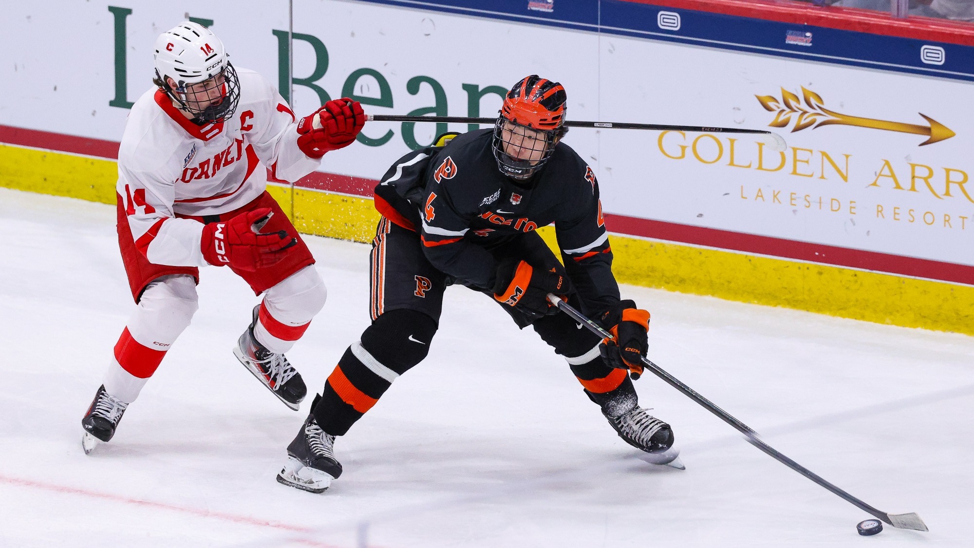 Cornell men's hockey junior forward Ryan Walsh forechecks Princeton's David Ma during game action at the 1980 Rink — Herb Brooks Arena in Lake Placid, N.Y., on March 20, 2026.