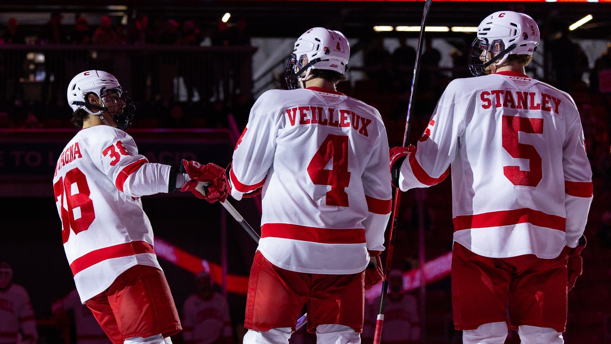 Cornell men's hockey junior forward Jonathan Castagna skates to the blue line during starting lineup introductions in the ECAC Hockey semifinals on March 20, 2026, at the 1980 Rink — Herb Brooks Arena in Lake Placid, N.Y.