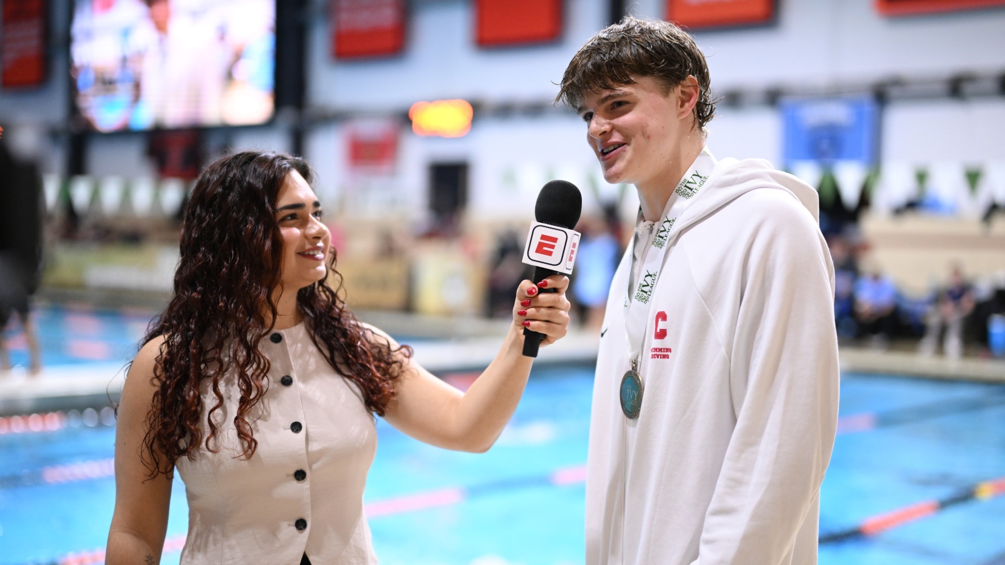 Blake Conway interviews with ESPN after winning an Ivy League Championship in the 100-yard backstroke.