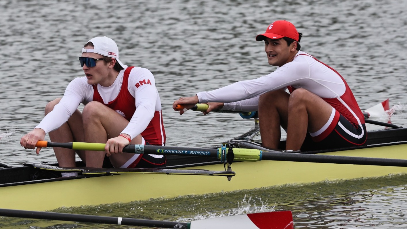 Members of the Cornell men's heavyweight rowing team row against Drexel on March 29, 2025, on the Cayuga Inlet in Ithaca, N.Y.