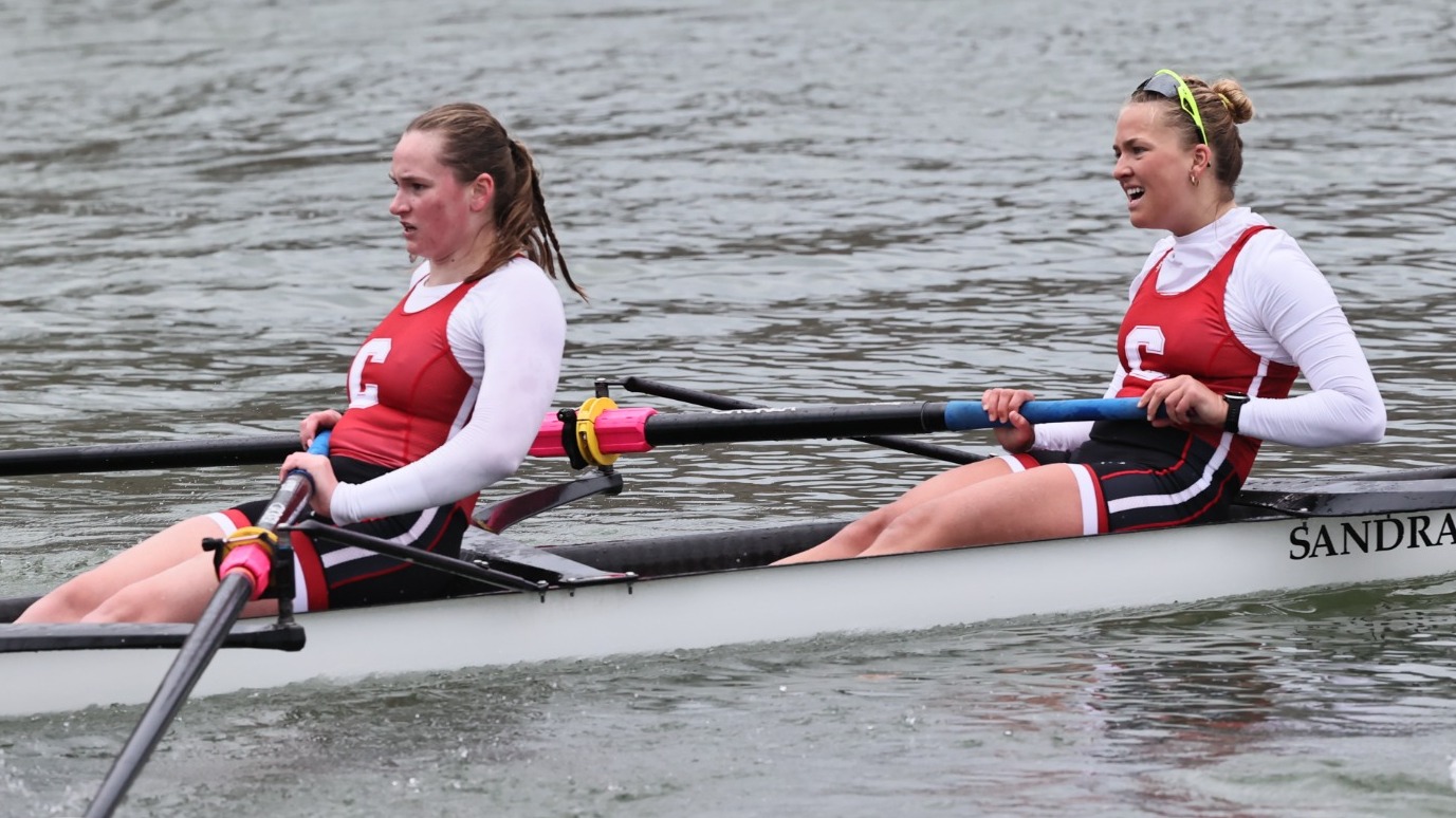 Cornell women's rowers Chloe Darcy and Fabia Emblem row during the 2025 spring portion of the season.