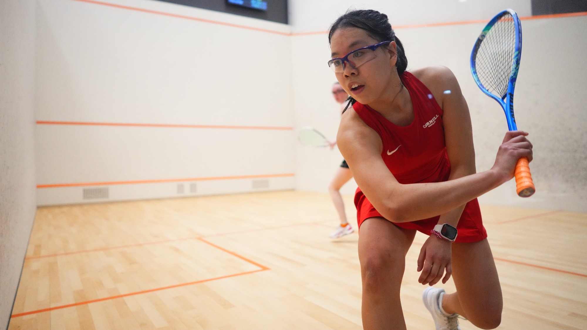 Cornell freshman women's squash player Vicky Lai looks at a squash ball during match action in the Ivy League semifinals on Feb. 21, 2026, at Princeton, N.J.