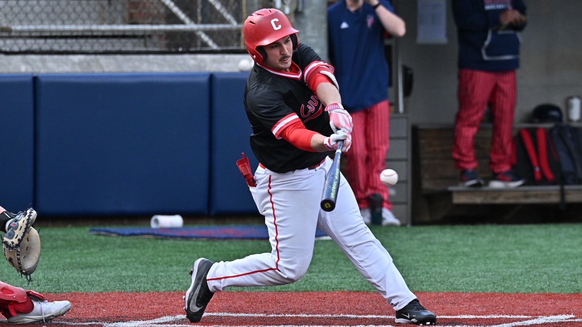 Cornell baseball sophomore catcher Mason Barela goes to hit a baseball during game action at Richmond on March 1, 2026, at Pitt Field in Richmond, Va.