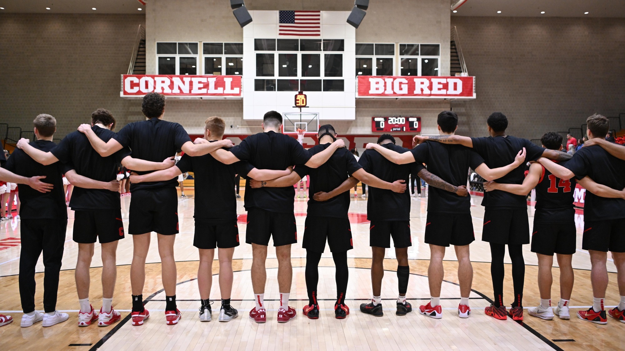 The Cornell men's basketball team lines up for the national anthem prior to its 86-80 win over Brown on Feb. 28, 2026 at Newman Arena in Ithaca, N.Y.