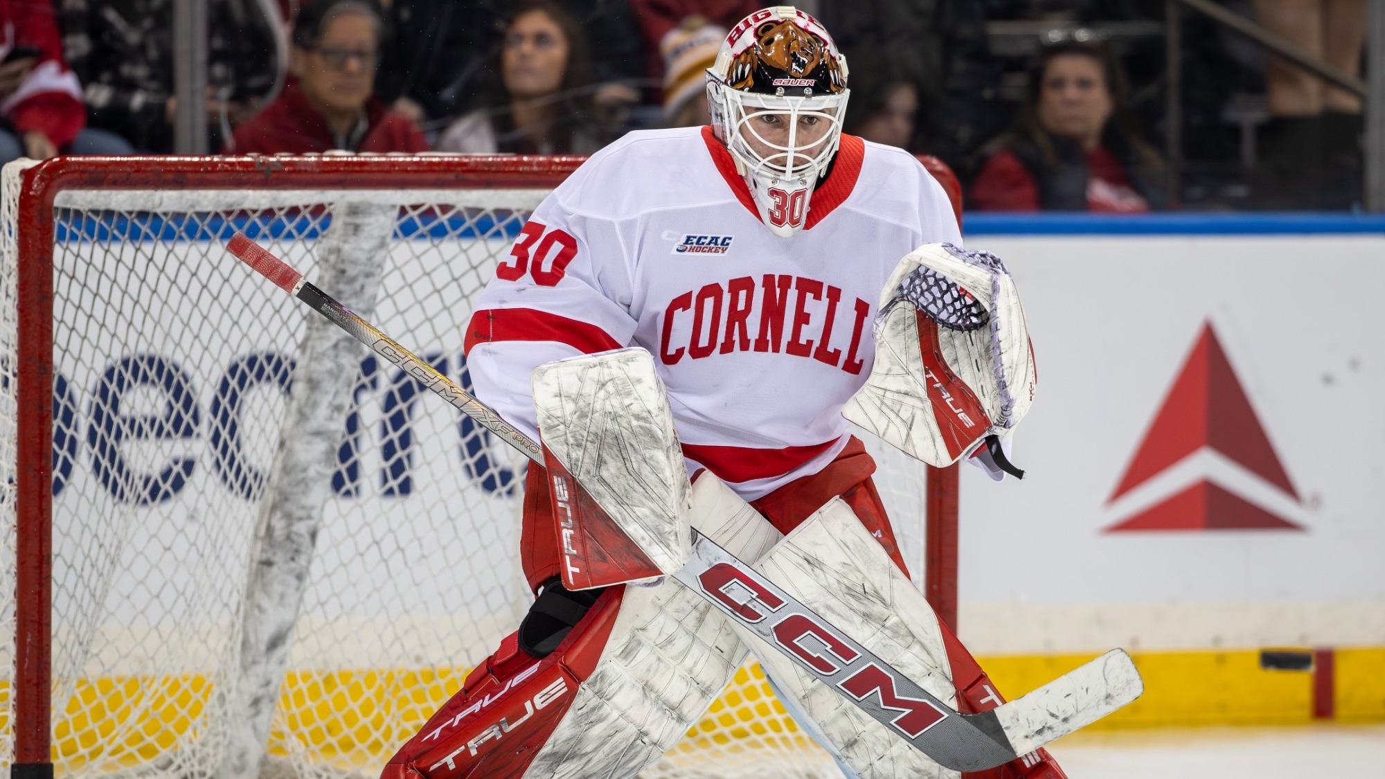 Cornell men's hockey freshman goaltender Alexis Cournoyer faces shots during pre-game warmups before facing Boston University in Red Hot Hockey at Madison Square Garden on Nov. 29, 2025, in New York City.