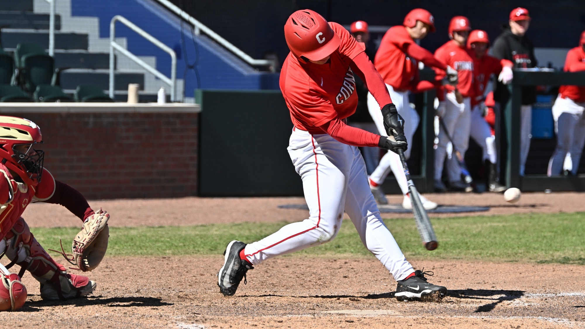 Cornell freshman outfielder Trent Lopez goes to hit a baseball during game action against Boston College on Feb. 20, 2026, in the Hub City Invitational at Fifth Third Park in Spartanburg, S.C.